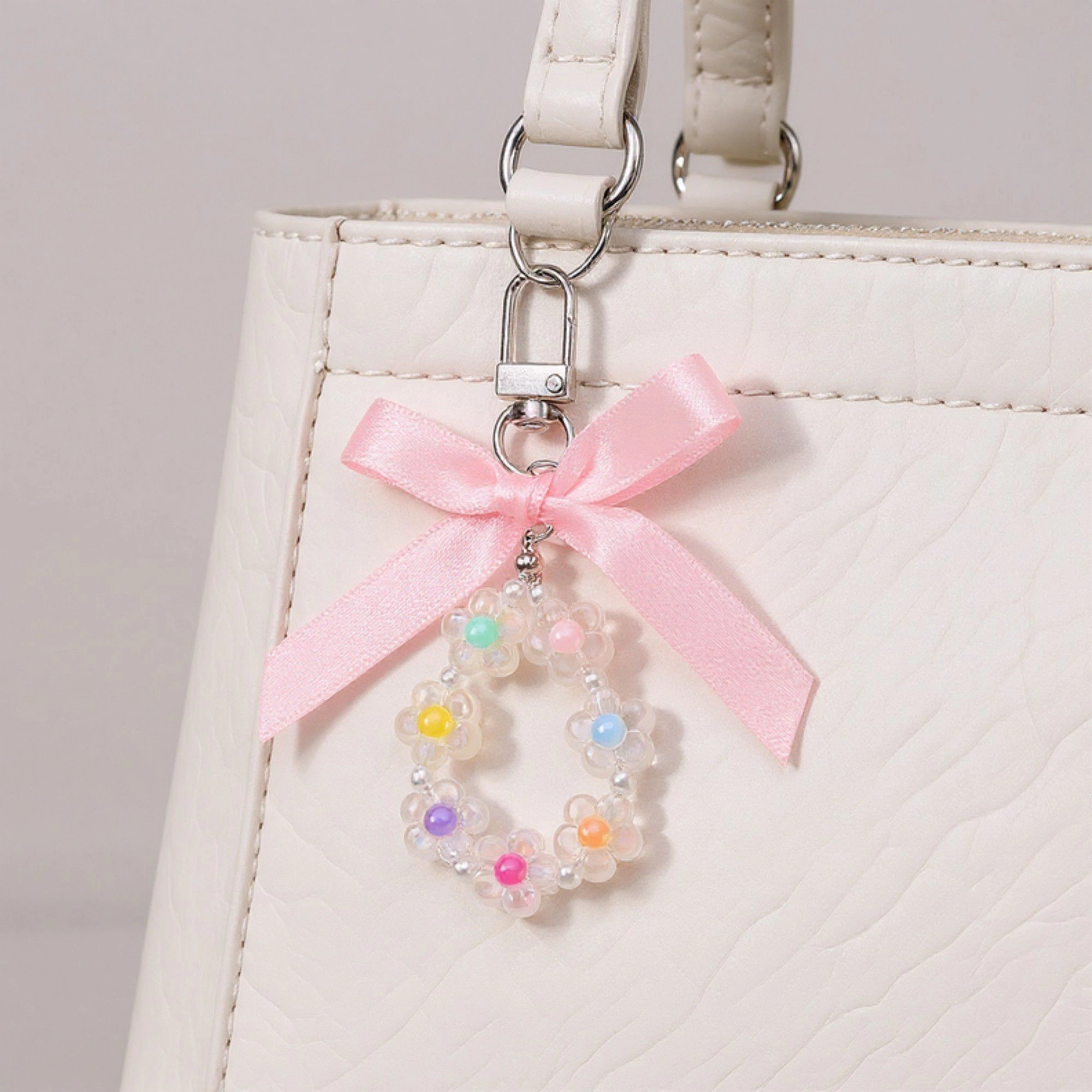 Alilang Women's Pastel Flower Beaded Keychain with Pink Satin Bow and Pearl Accents