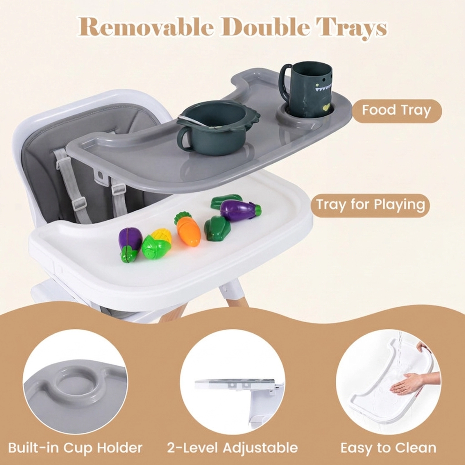 SUGIFT Gray Detachable Double Tray and Adult Stool 4-in-1 Convertible Baby High Chair