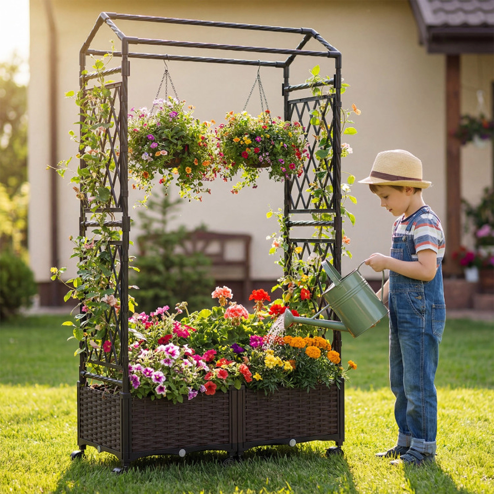 SUGIFT 5.5-ft Brown Self-Watering Planter Boxes with Lattice Trellis Roof and Lockable Universal Wheels