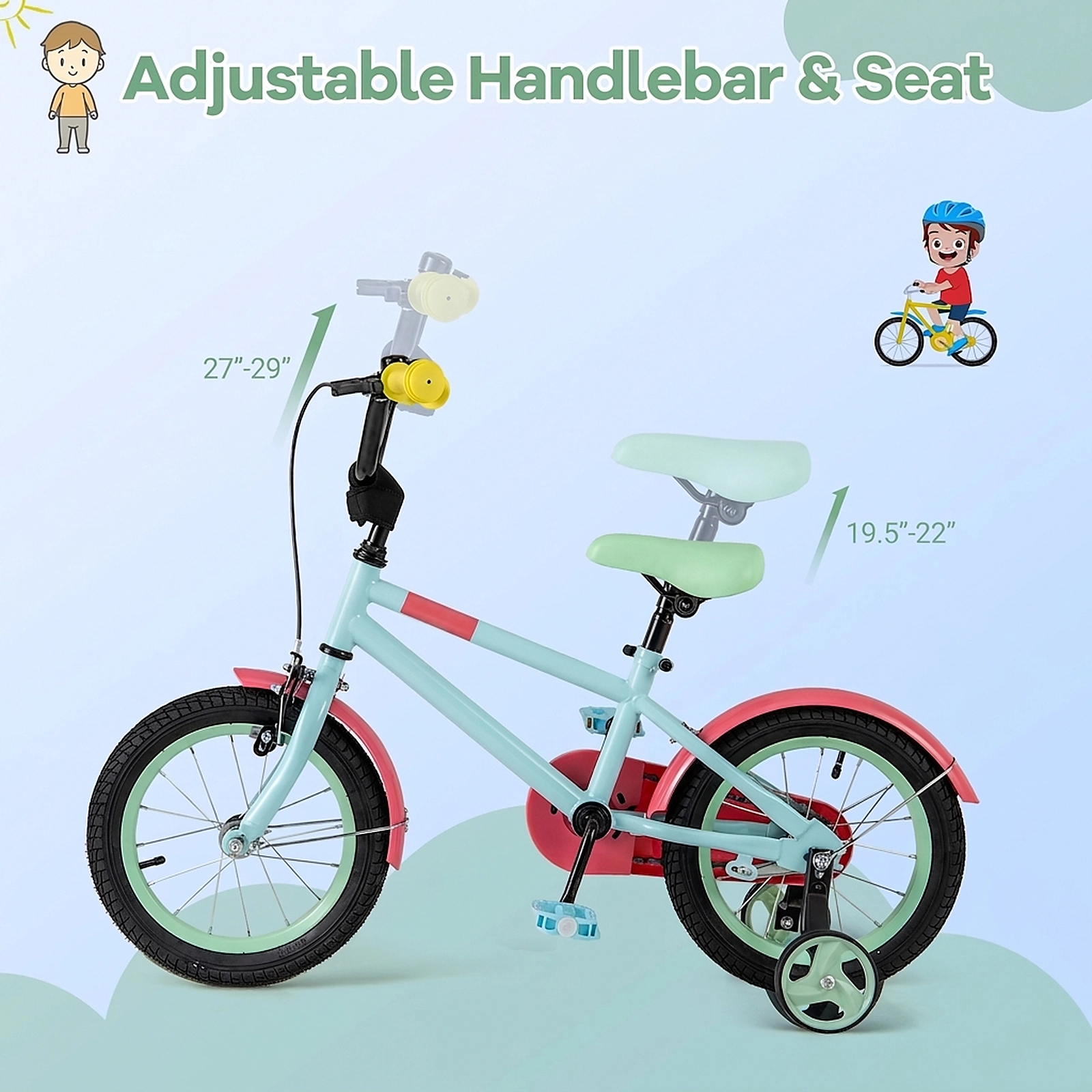 14-in Kids Bike Anti-Puncture Shock-Absorbing Wheels Removable Training Wheels Quick-Release Saddle Ages 3-5 Blue