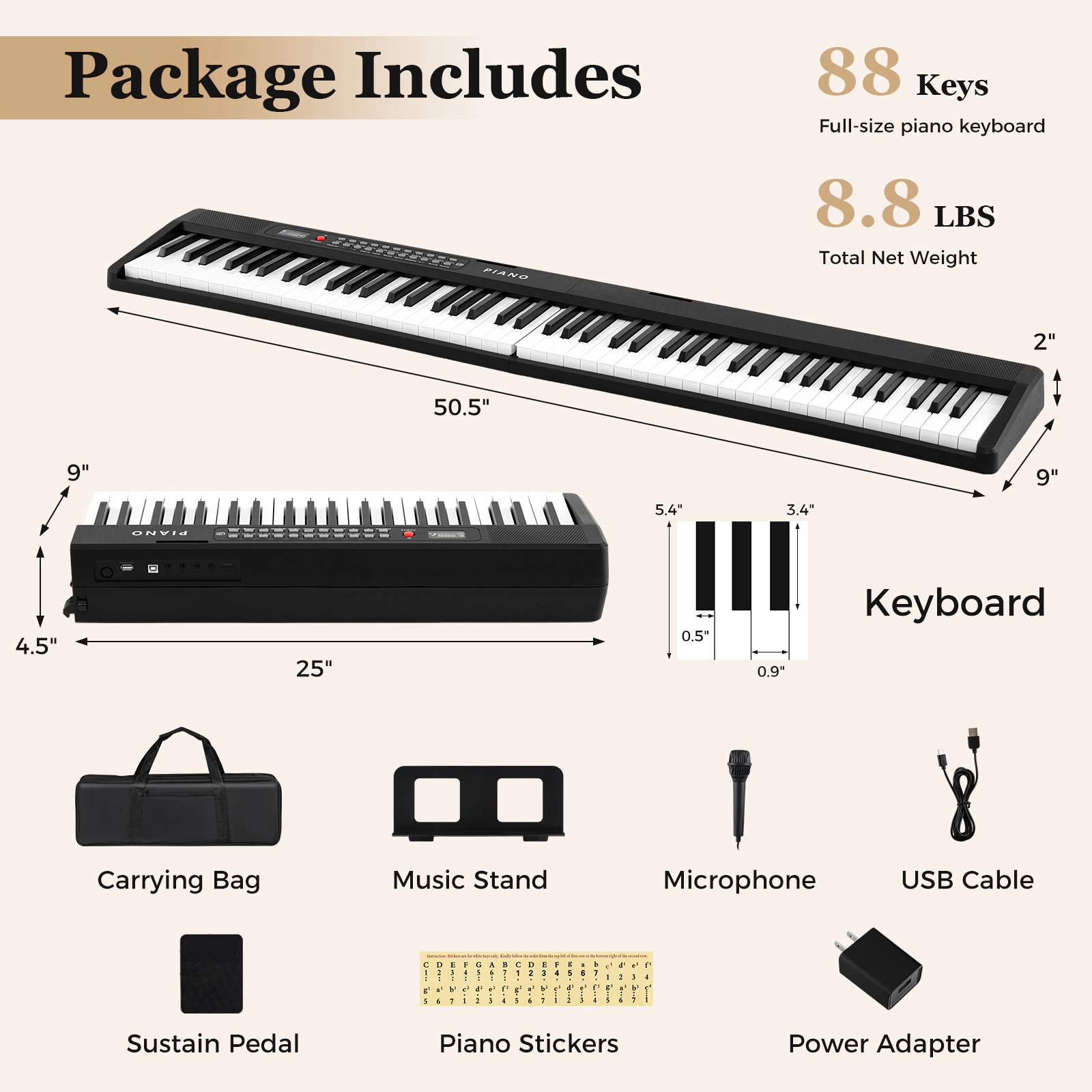 SUGIFT Black 88-Key Foldable Semi Weighted Piano Keyboard with Sustain Pedal and Carrying Bag 50.5-in W 9-in D