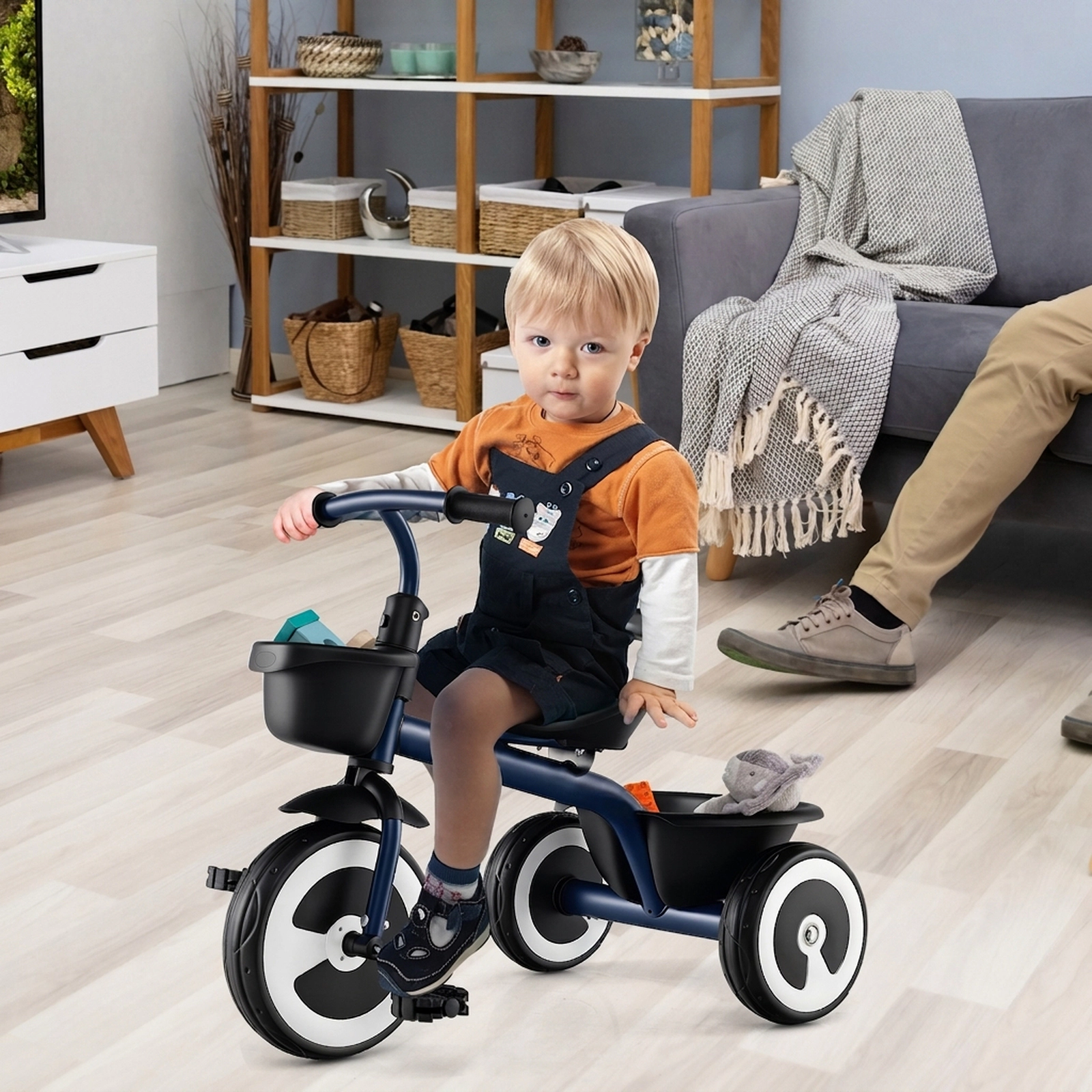 Toddler Trike with Front and Rear Storage Baskets Adjustable Seat and Silent EVA Wheels Ages 1.5-5 Navy Kids Tricycle