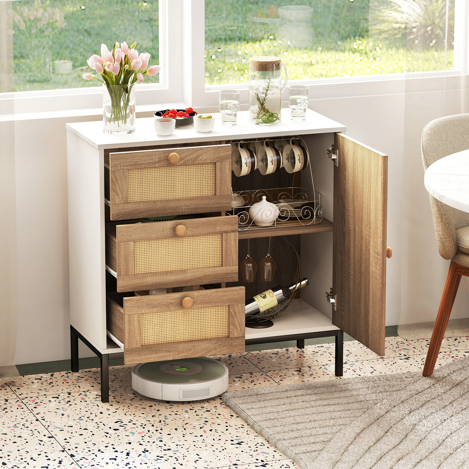 SUGIFT 3-Drawer 1 Door Rattan Front Soft Close Sideboard Cabinet 31.5-in x 14-in x 31.5-in 110-lb Capacity White