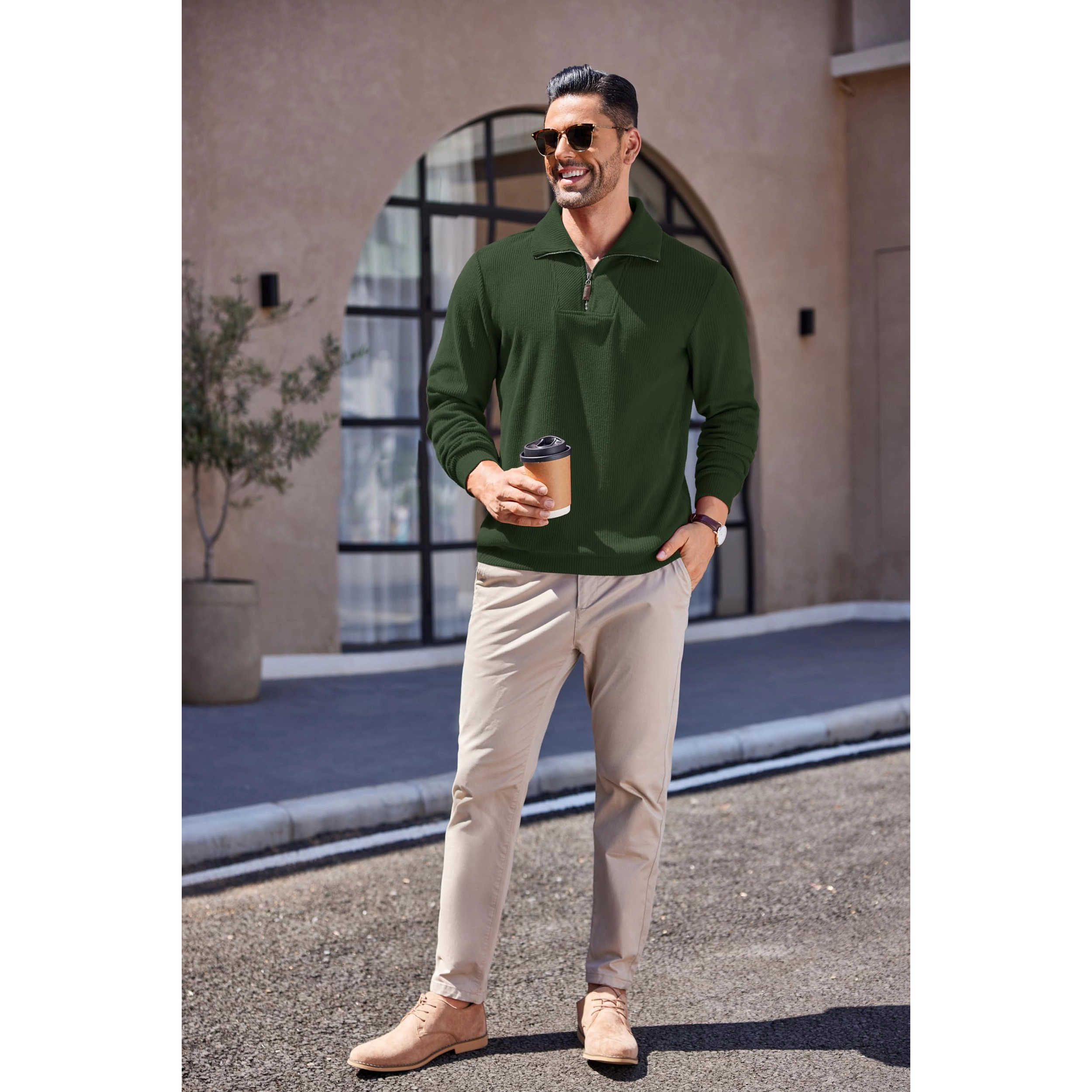 COOFANDY Men's Regular Fit Ribbed Knit Quarter Zip Pullover Sweater