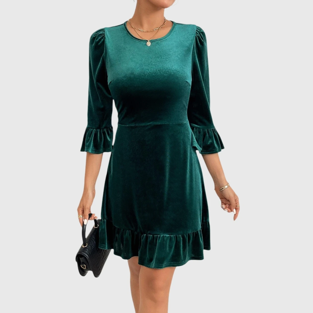YesFashion Women's Ruffle Sleeve Velvet Midi Dresses Casual Christmas Cocktail Party Work Dress