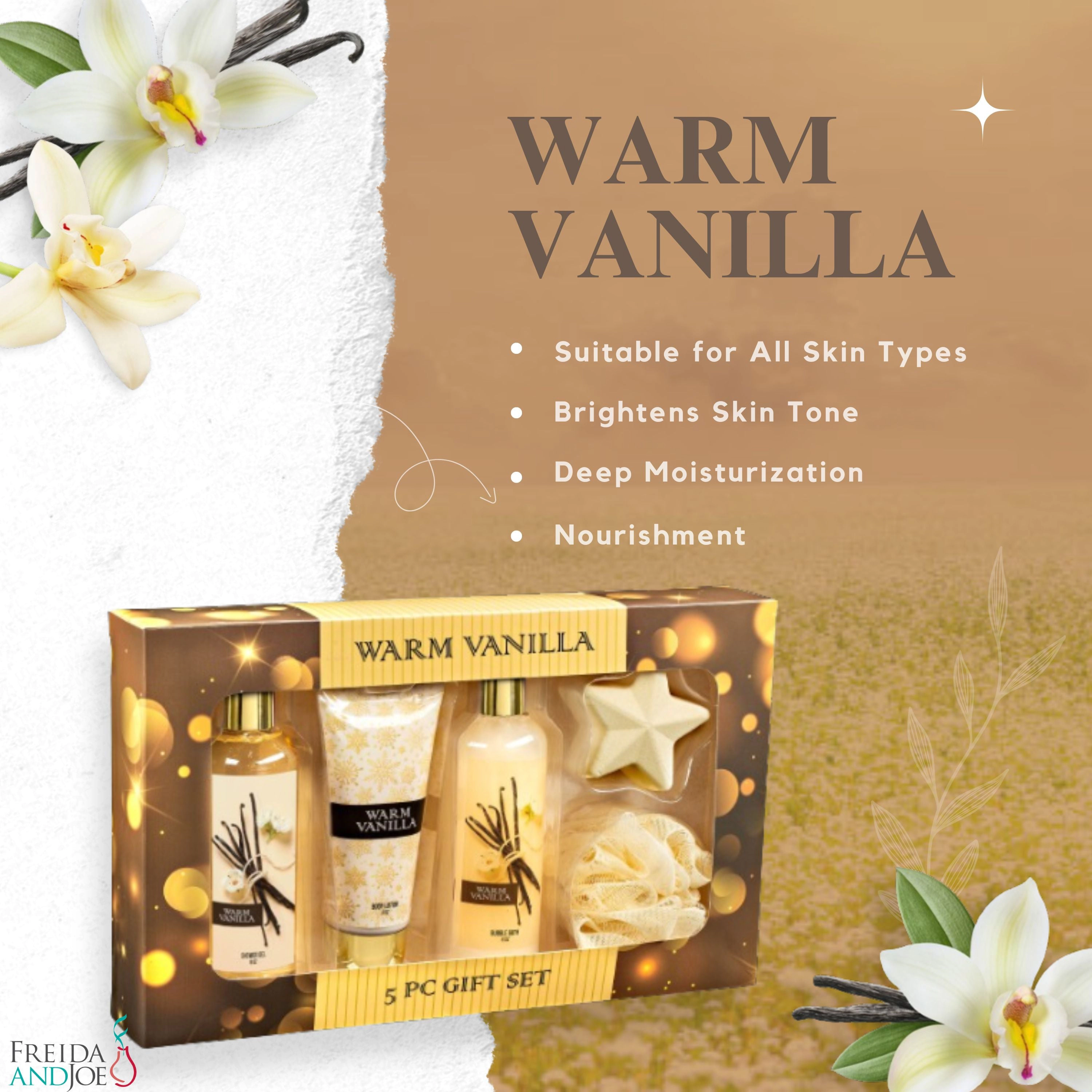Freida & Joe Warm Vanilla Bath & Body Spa Gift Set with Shower Gel, Lotion & Bubble Bath