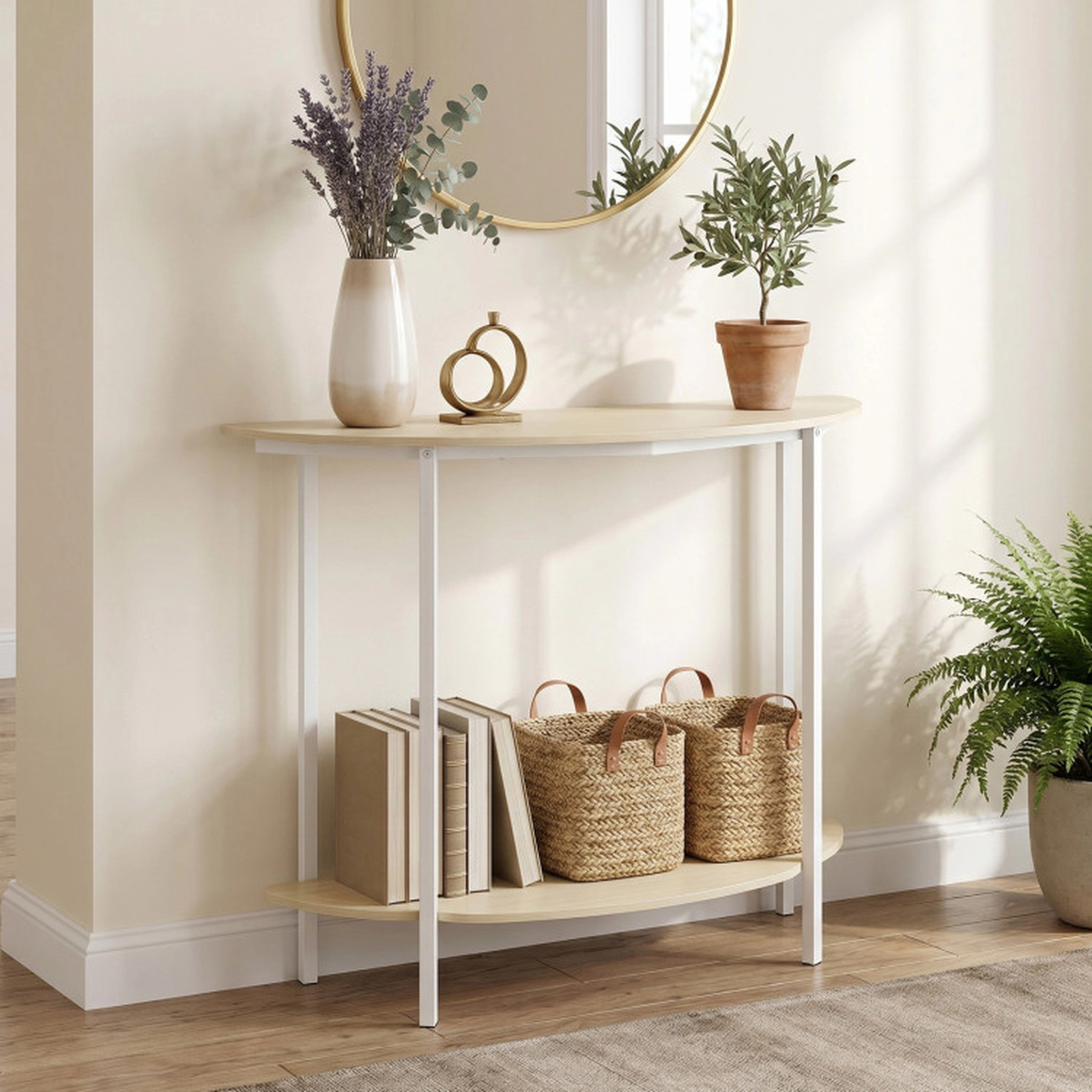 SUGIFT Half Moon 2-Tier Console Table 40-in Wide with Storage Shelf Natural & White