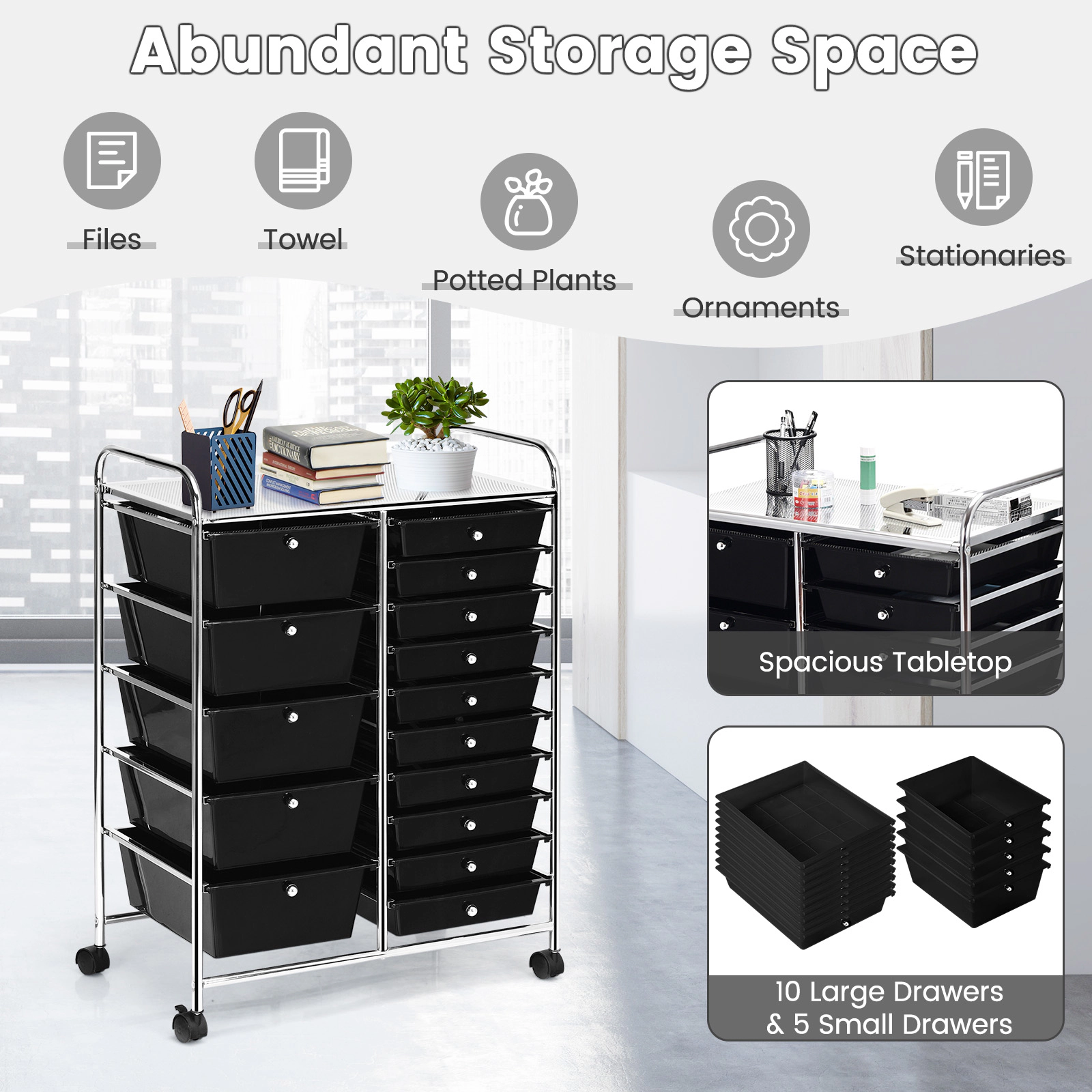 SUGIFT 15-Drawer Rolling Utility Organizer Cart with Steel Frame 22-lb Top Capacity Multi-Use Black