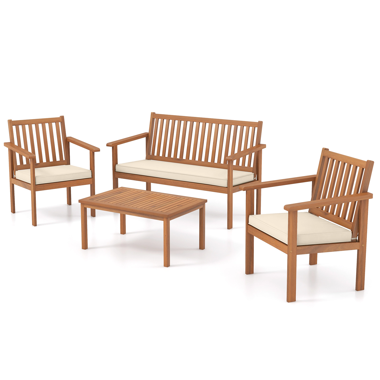SUGIFT 4 Piece Acacia Wood Patio Conversation Set Loveseat 800-lb Capacity 47.5 x 24 x 31 in Loveseat Off White Cushions