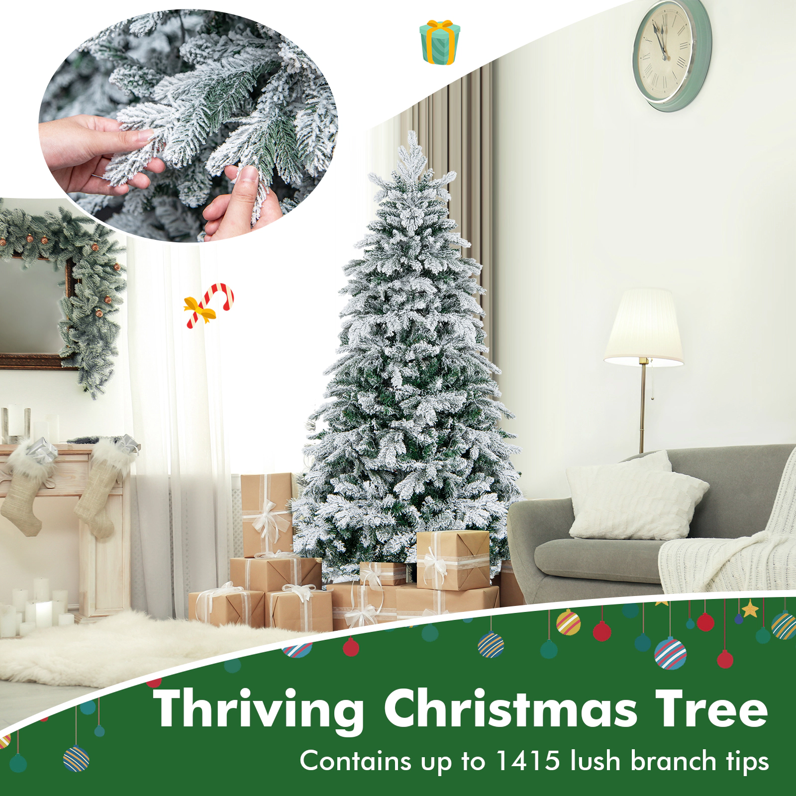 SUGIFT Flocked Artificial Christmas Tree with Warm White LED Lights 6-Ft Height Hinged Branches White & Green
