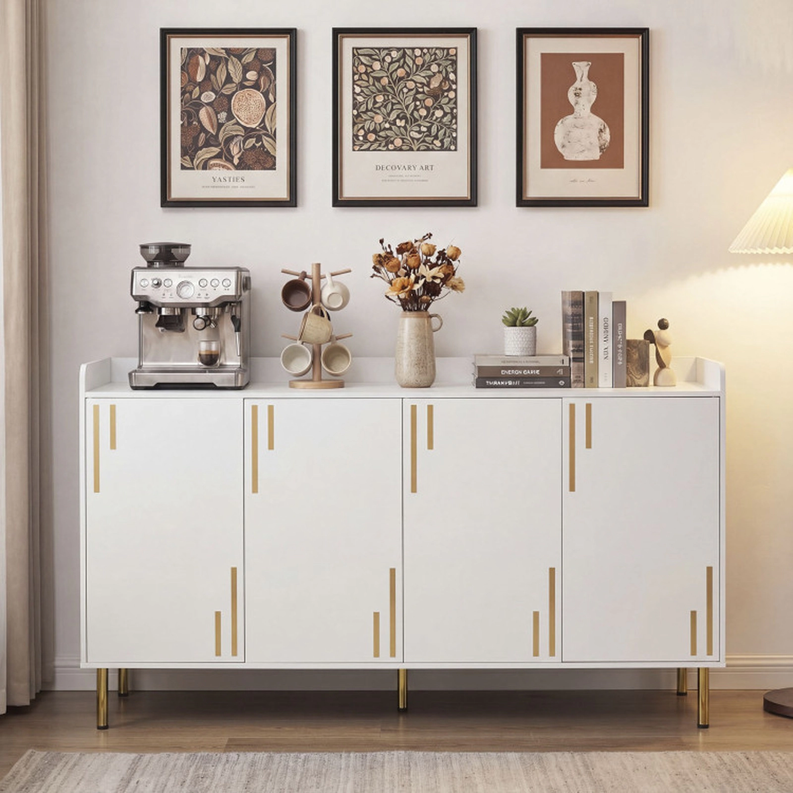 SUGIFT 55-in 4 Doors 5 Metal Legs Gold-Tone Handles Credenza Buffet Cabinet 16-in D x 33-in H 100-lb Capacity White