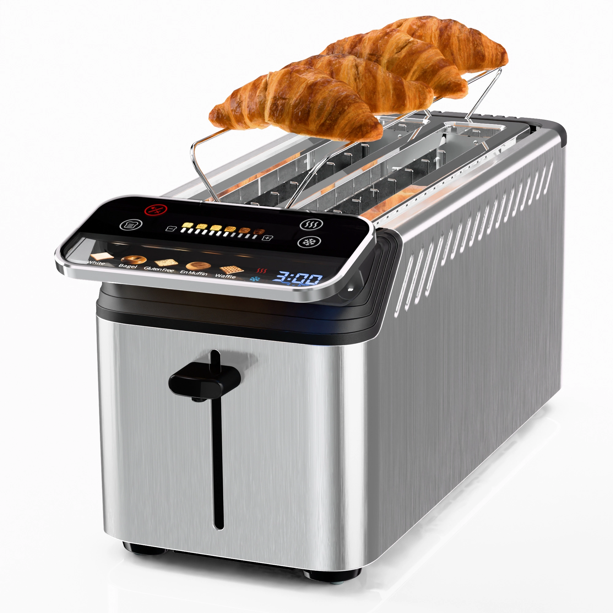 WHALL Long Slot 4-Slice Touchscreen Toaster, 1.5" Wide Slots, 5 Bread Types, 11 Browning Shades, Stainless Steel Gray