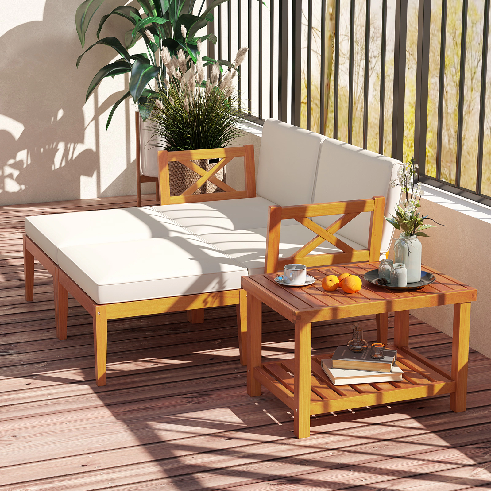 LJG 5 Pieces Acacia Wood Patio Chaise Lounge Chair Set with Ottoman and Cushions