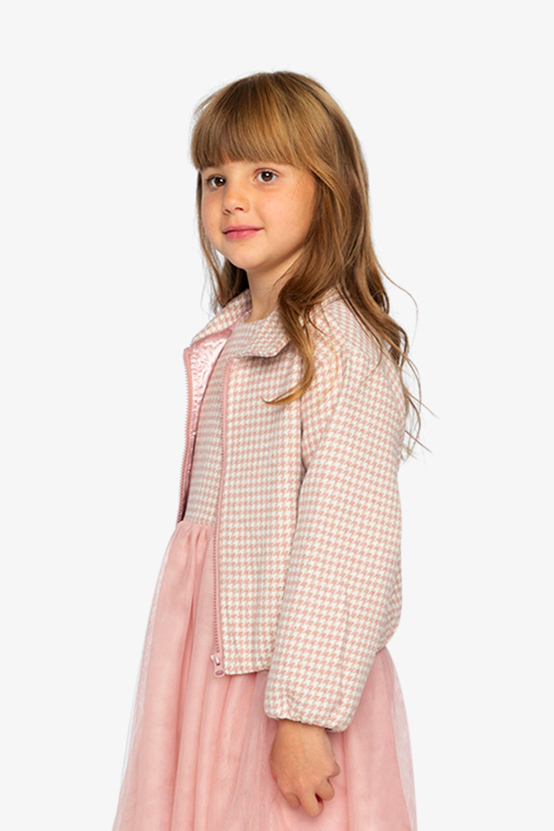 Deux par Deux Girls Zip Front Gathered Houndstooth Bomber Jacket with Side Pockets