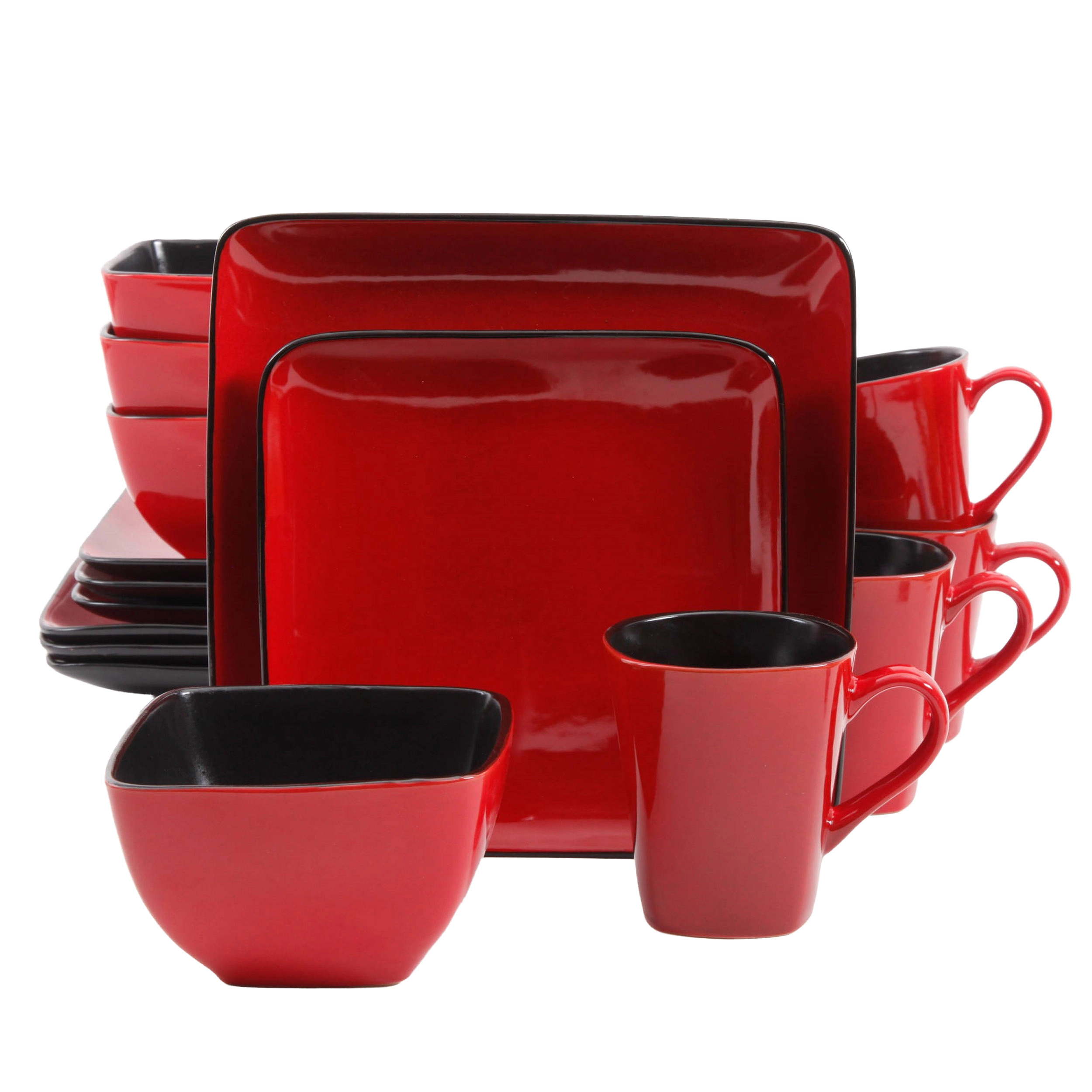 Gibson Home Rave Red 16 Piece Square Stoneware Dinnerware Set in Red and Black