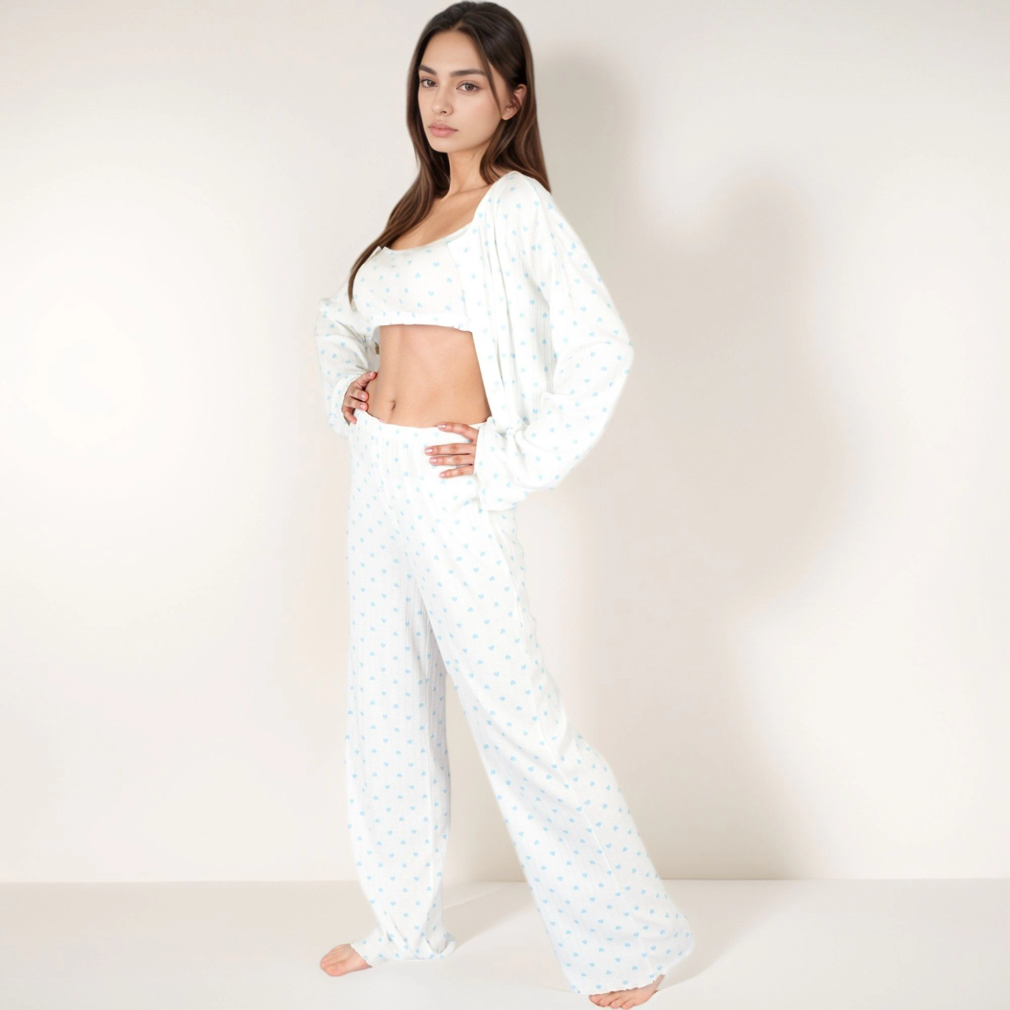 Anna-Kaci Women's Valentine Heart Print Long Sleeve Cropped Top and Wide Leg Pajama Pants Lounge Set