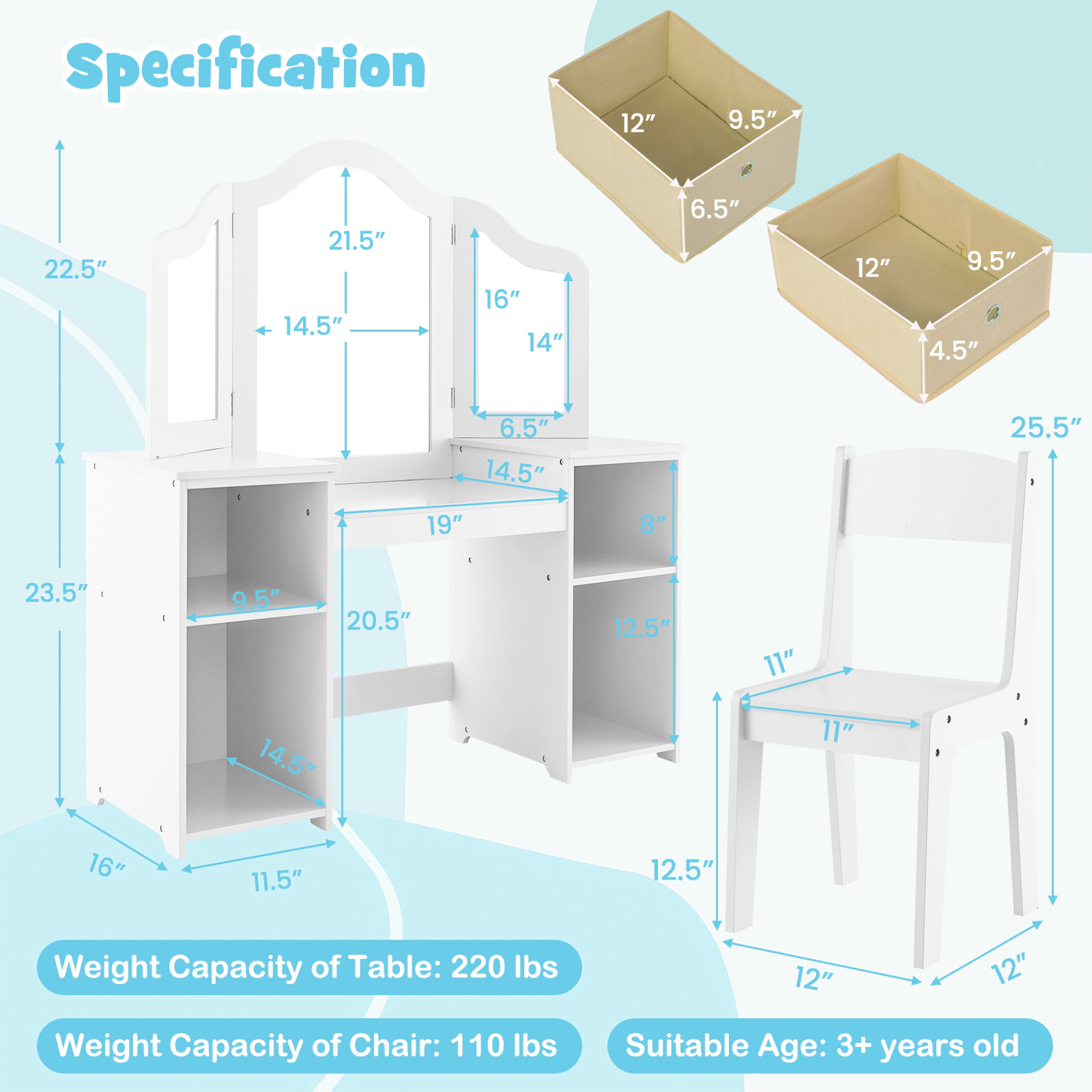 SUGIFT White 3 Removable Mirrors and 4 Storage Bins Kids Vanity Table and Chair Set