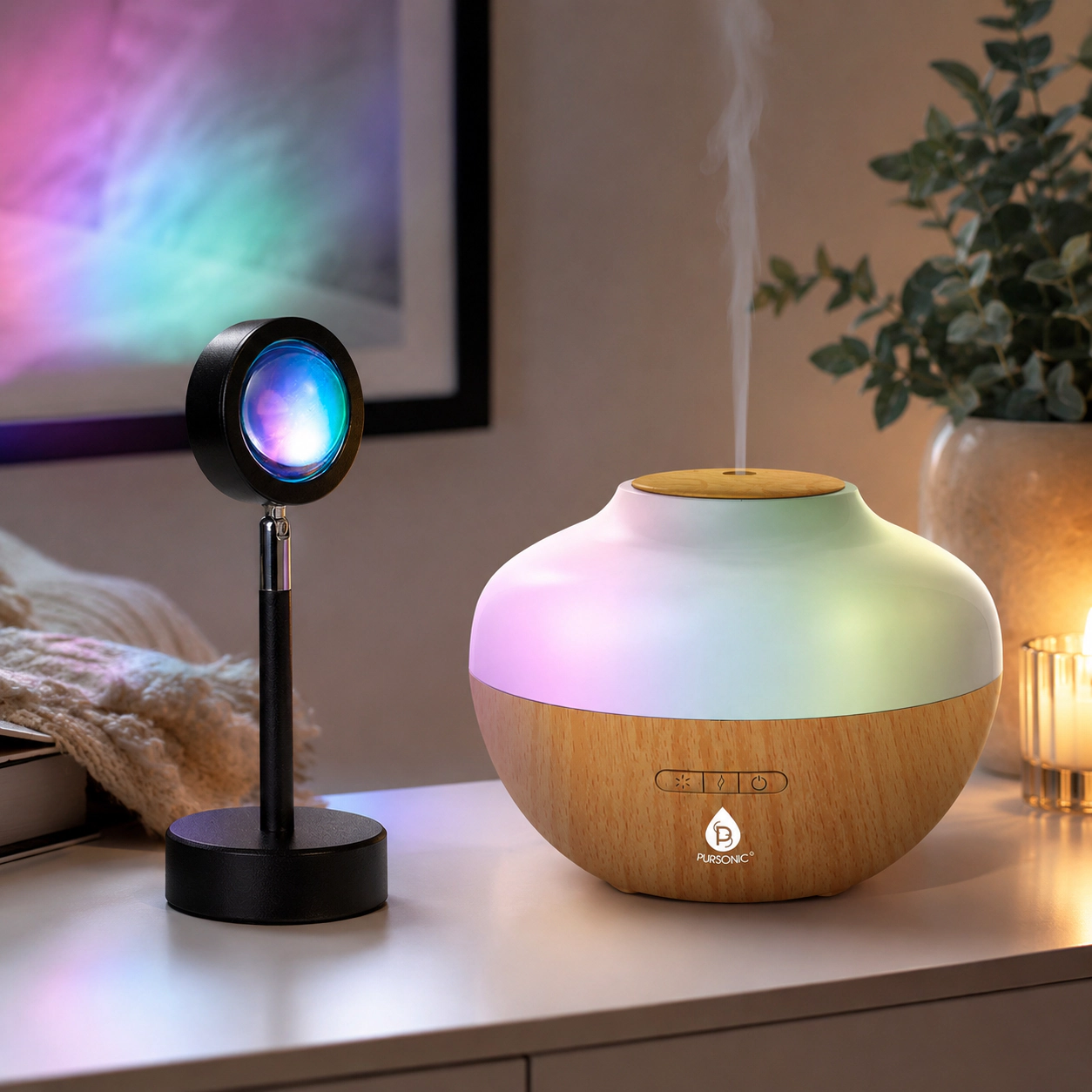 Pursonic Unisex Home Wellness Bundle with Sunset Projector Table Lamp & Essential Oil Aroma Diffuser