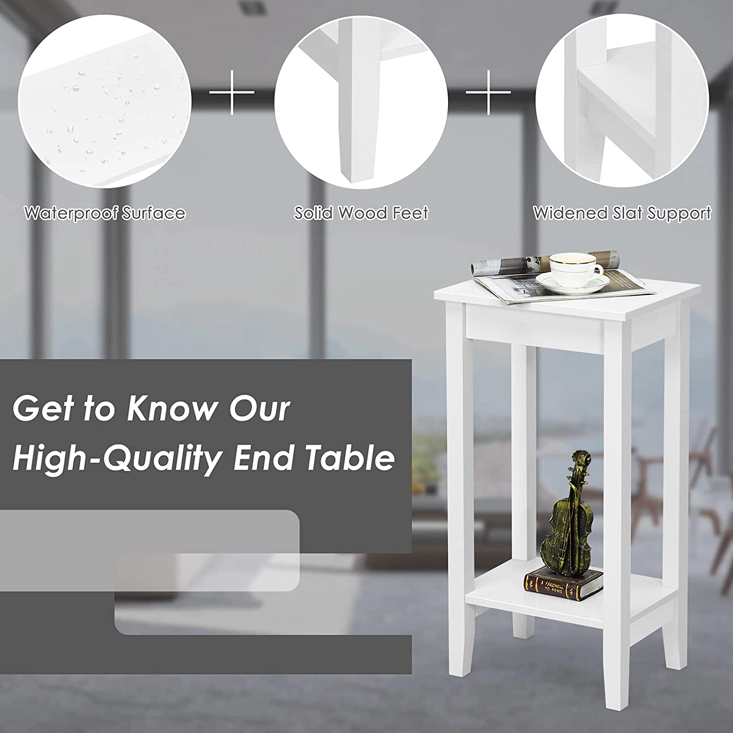 SUGIFT Set of 2 White 29-Inch 2-Tier End Tables with Storage Shelves