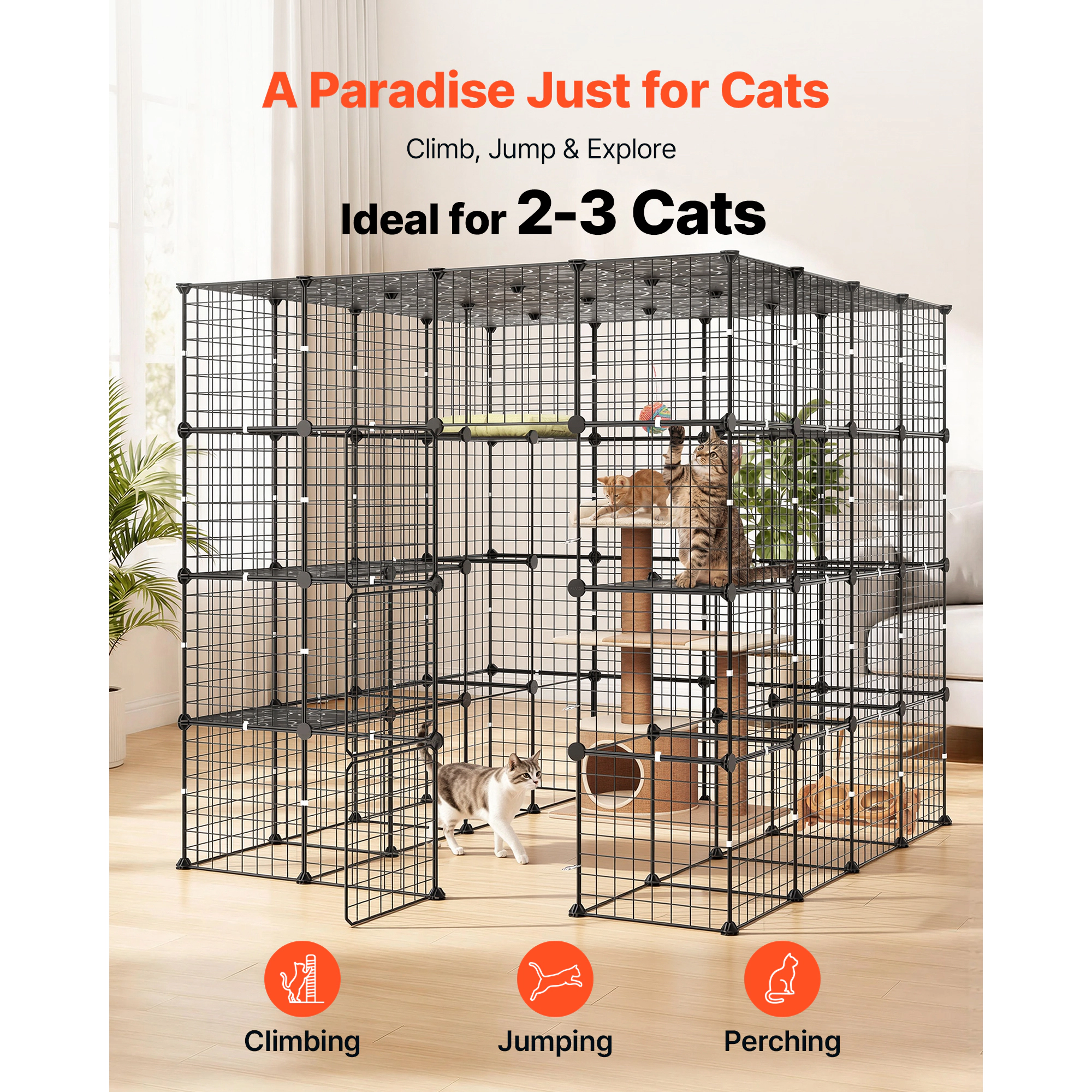 HONGGE 55 x 55 x 55 in 4-Tier Steel Cat Cage Playpen with 3 Doors, Indoor Enclosure for 2-3 Cats, Black