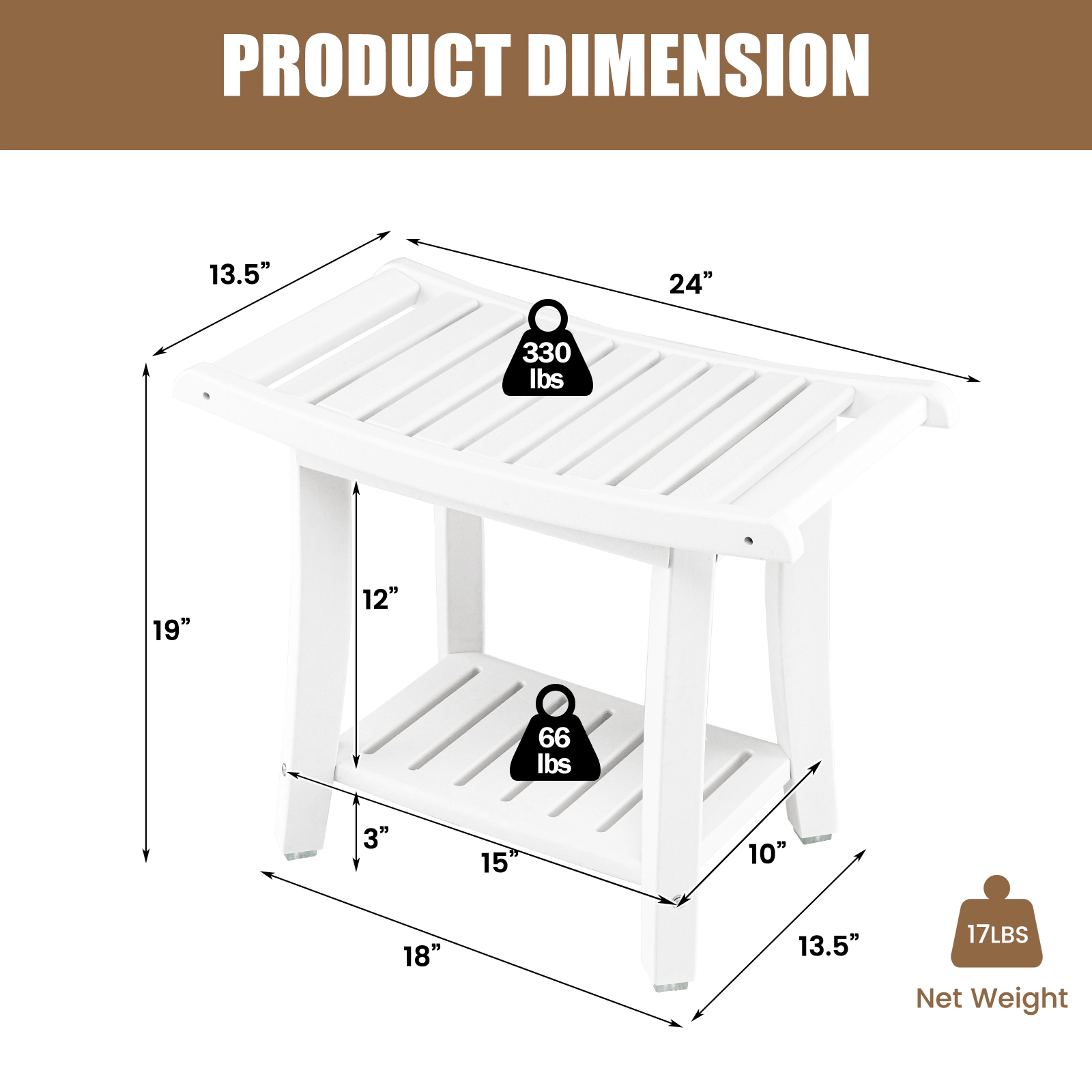SUGIFT Waterproof 2-Tier HDPE Bath Stool Curved Slatted Seat 330-lb Top 66-lb Shelf Capacity 24 x 13.5 x 19-in White