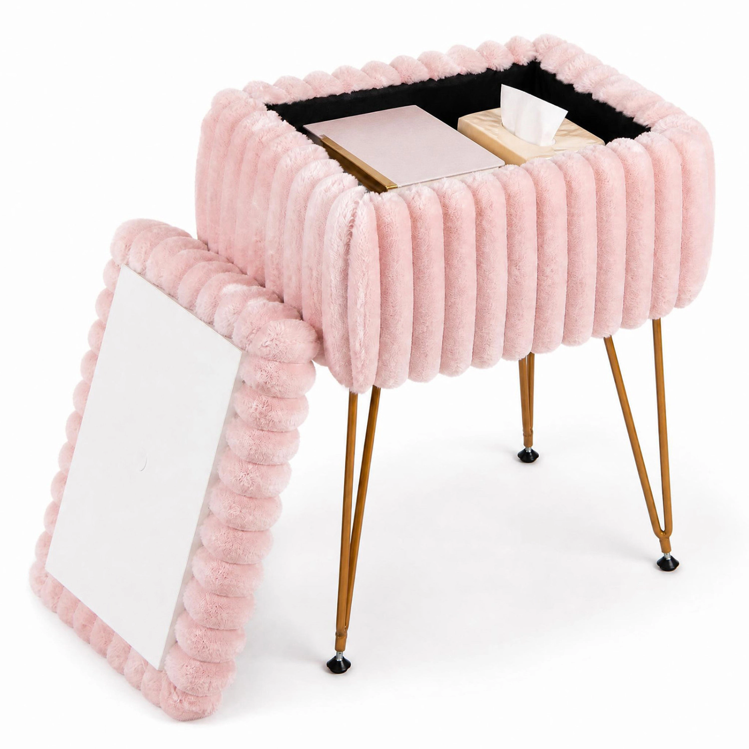 LJG Vanity Stool with Storage and Reversible Lid Faux Fur Upholstered Ottoman