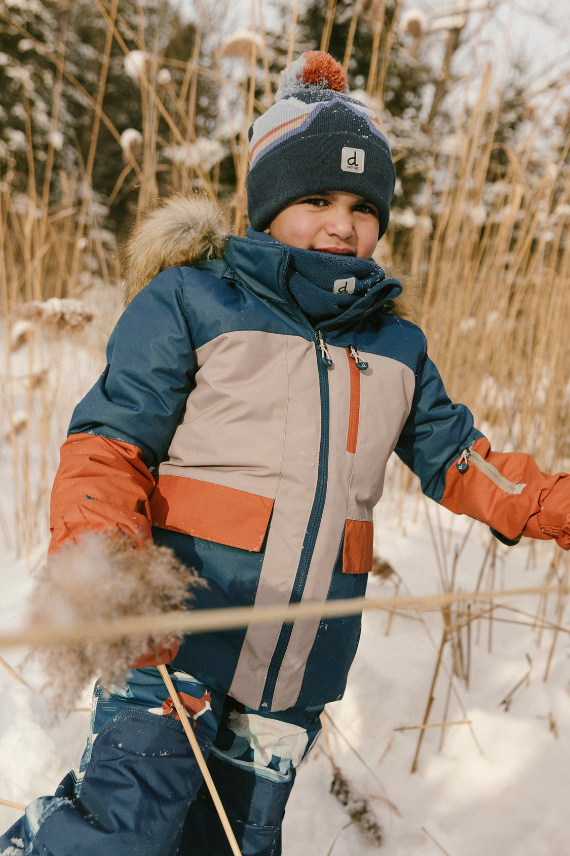 Deux par Boys Colorblock Two Piece Play Snowsuit with Hooded Jacket and Bear Print Snow Pants