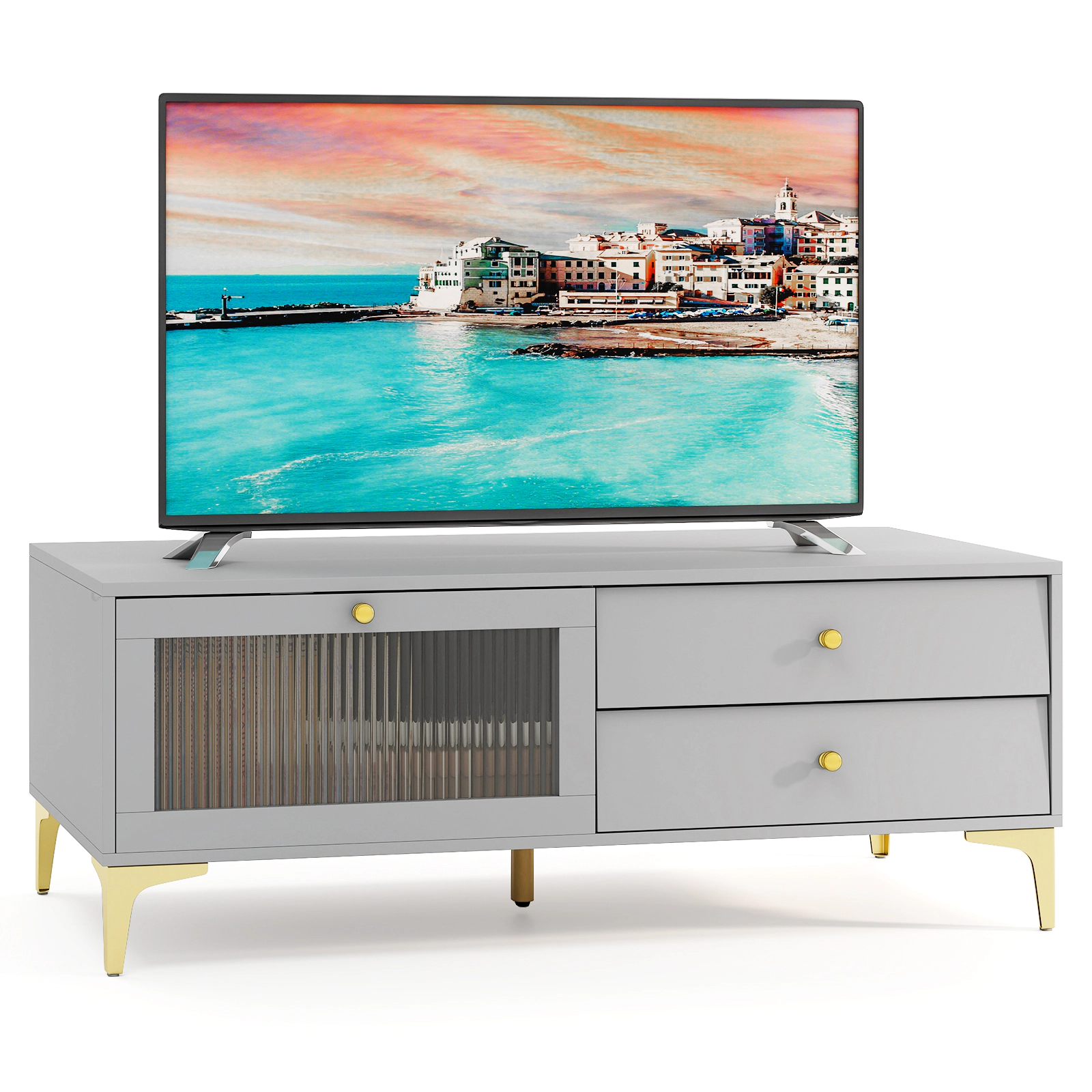 Glintex 47.5-Inch TV Stand with Drop-Down Glass Door and 2 Drawers, Gray