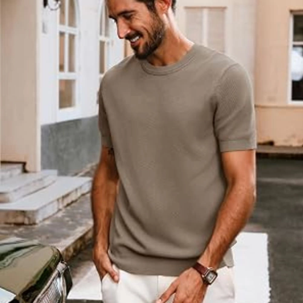 Artisan Haven Mens Casual Knit Textured Crewneck T Shirt