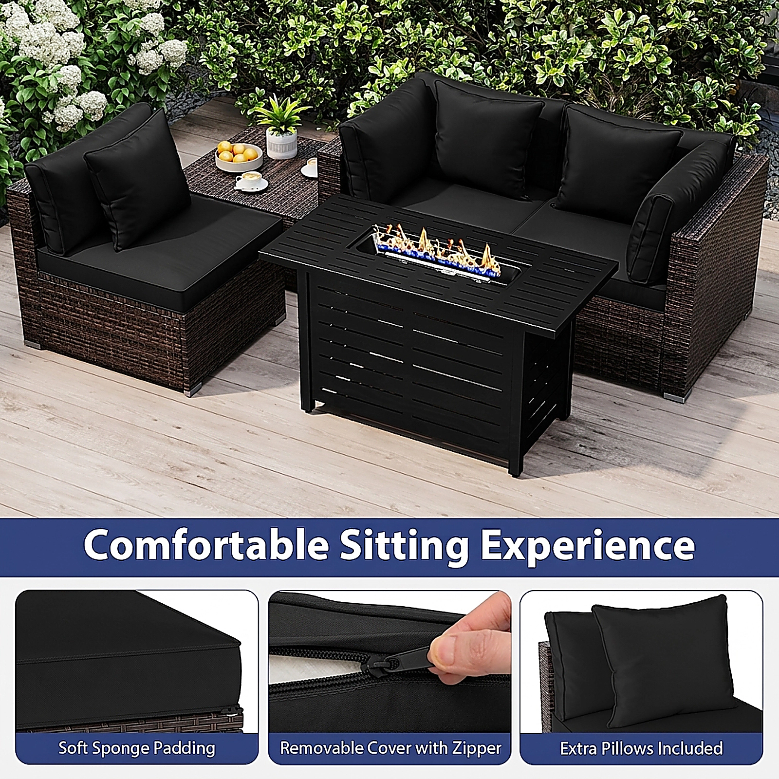 SUGIFT 5 Piece Patio Rattan Sofa Set Black with 60000 BTU Fire Pit Table
