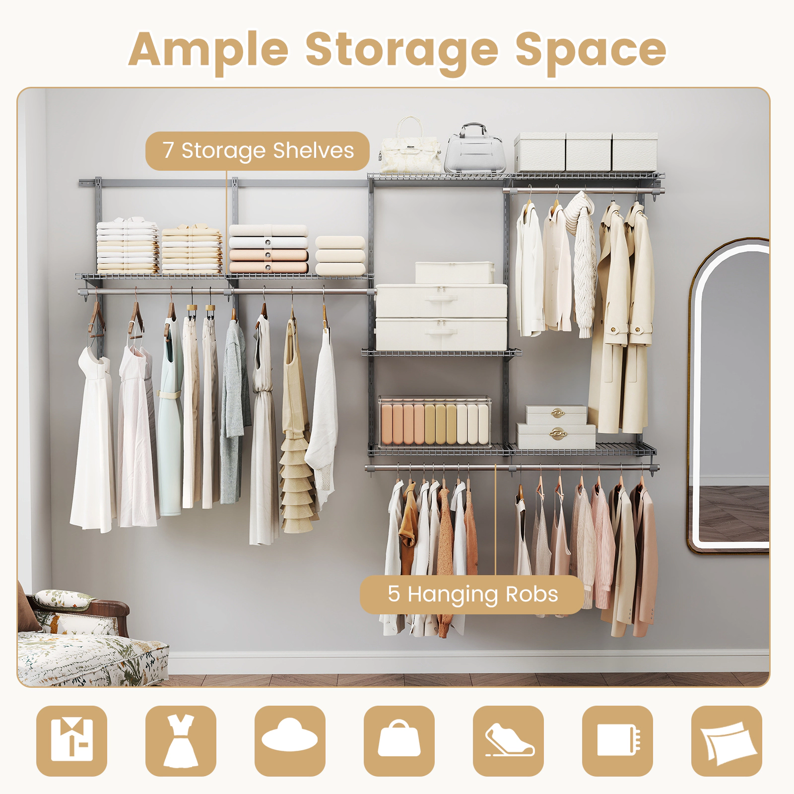 SUGIFT 4-8-ft Wall-Mounted 7 Shelves 5 Hanging Rods Metal Closet Organizer System 48-in x 13-in 45-lb Capacity Gray