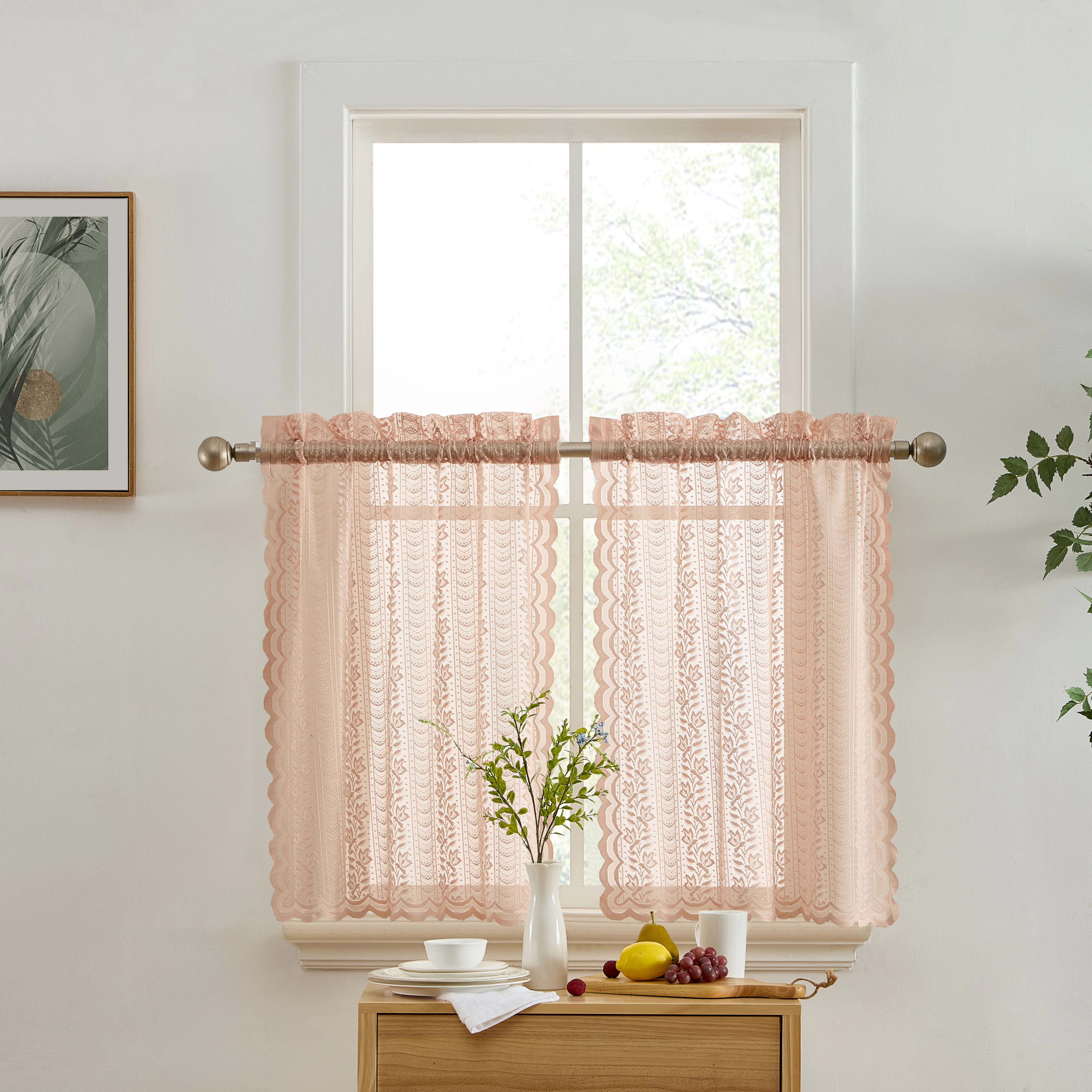 HLC.ME Sophia Floral Rod Pocket Lace Semi Sheer Voile Short Cafe Tiers for Small Windows - Set of 2