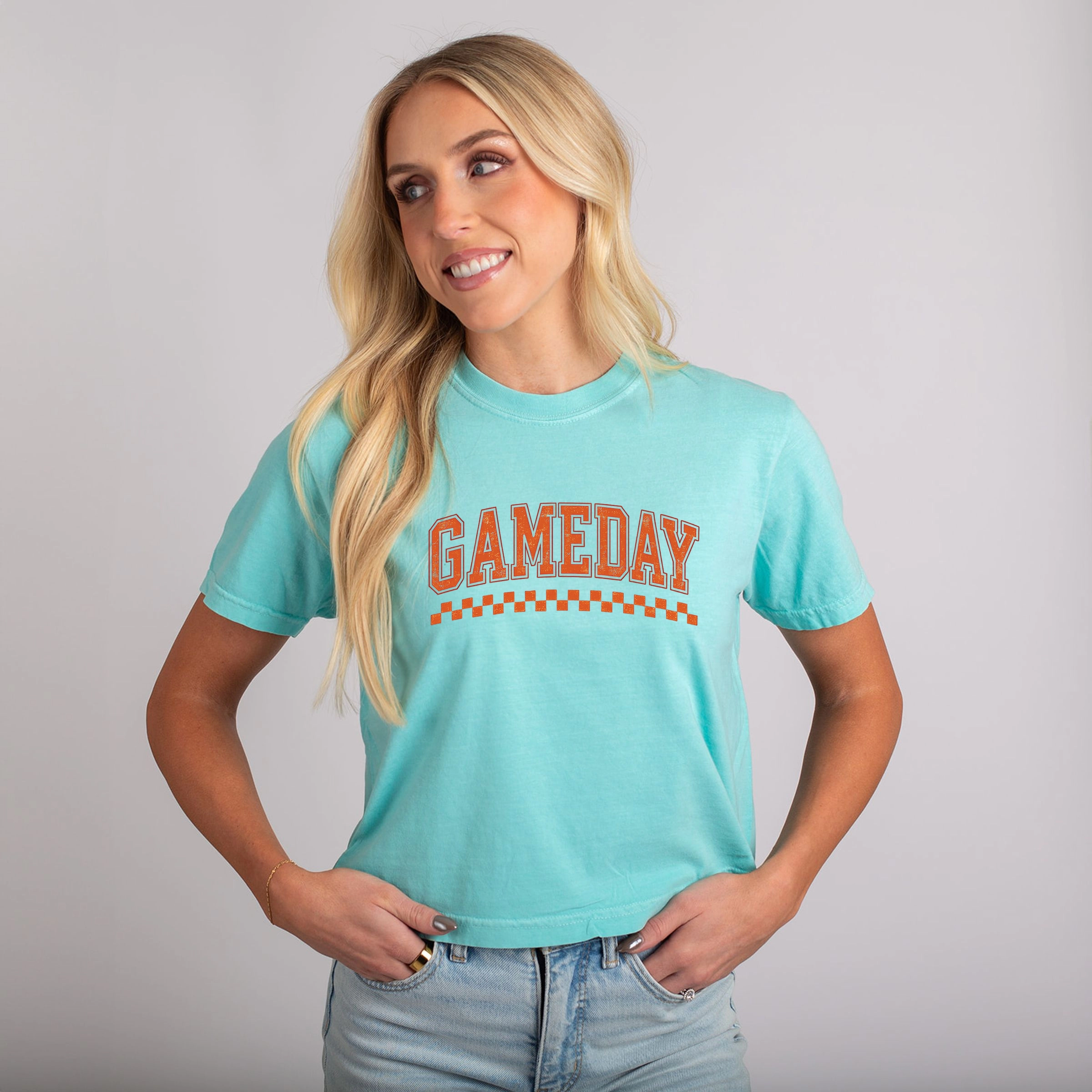 Simply Sage Market - Women's Boxy Crop Top Graphic T-Shirt Gameday Varsity Checkers