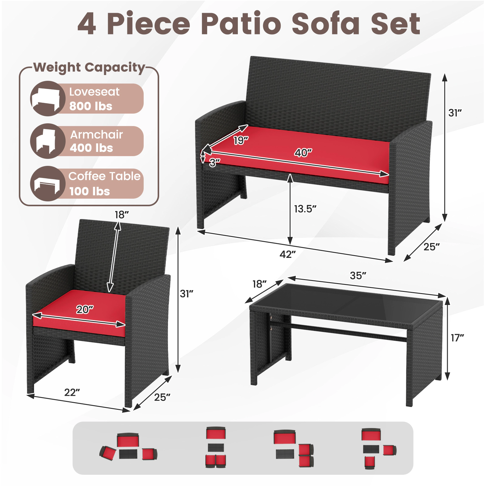 SUGIFT Tempered Glass Tabletop and Rattan Frame 4-Piece Red Cushioned Patio Furniture Set