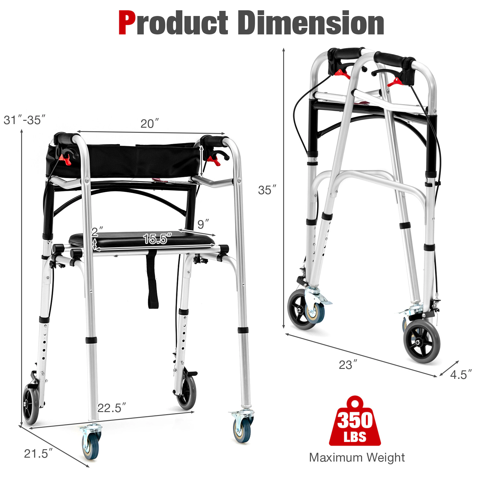 SUGIFT Height Adjustable Aluminum Walker Folding Chair with Rolling Wheels and Brakes 350-lb Capacity Silver