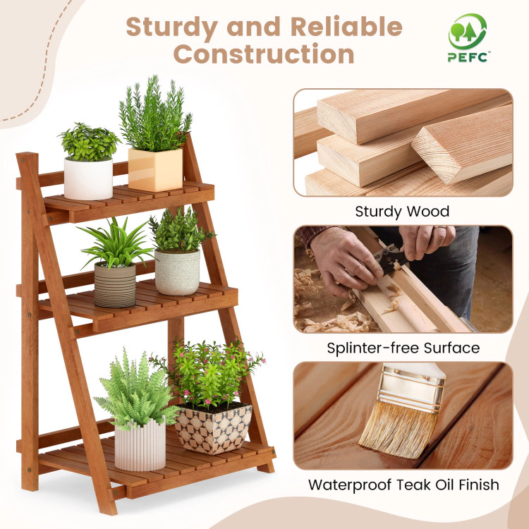 Hivvago Foldable 3-Tier Solid Wood Plant Stand for Patio Balcony