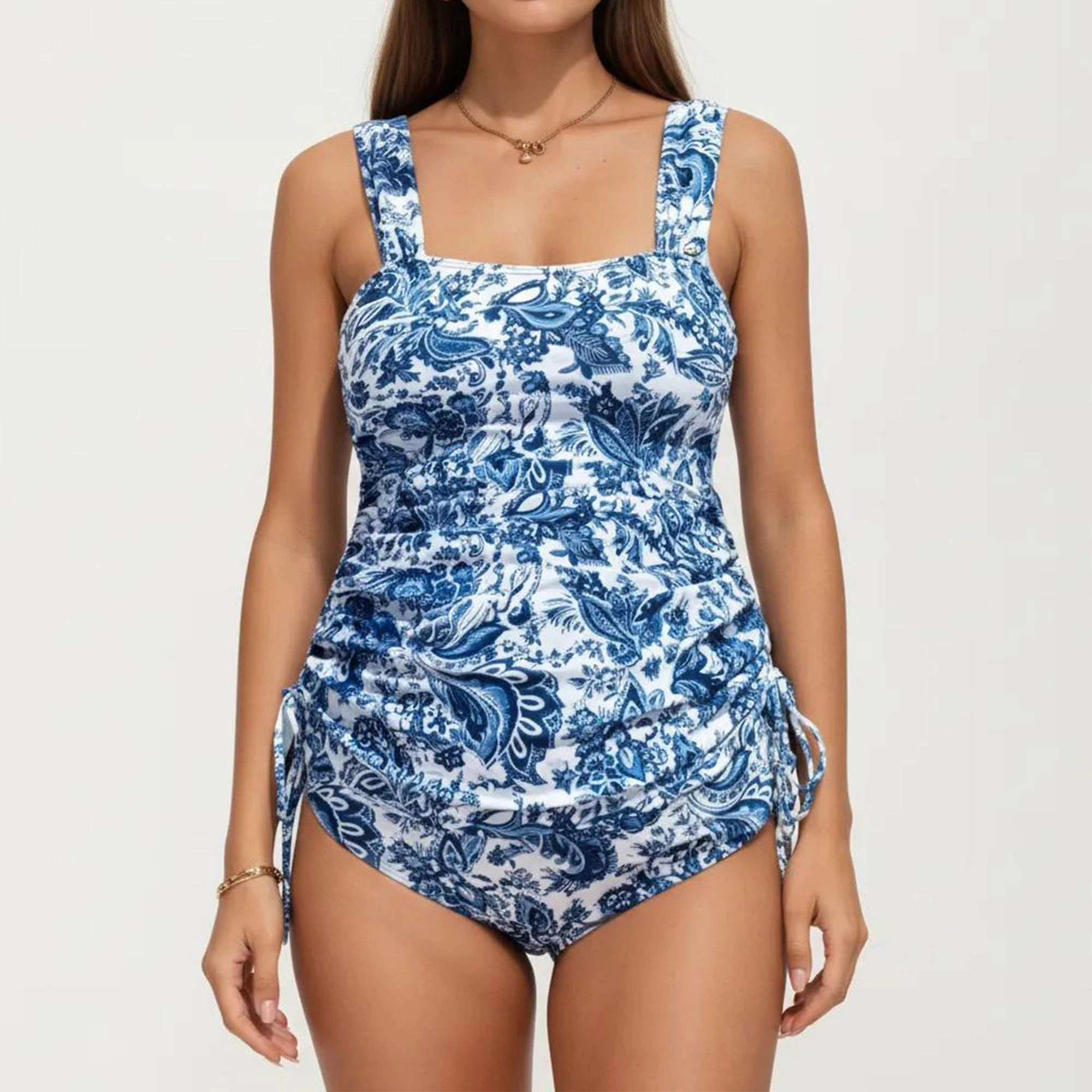 Anna-Kaci Women's Floral Print Maternity Tankini Set with Adjustable Side Ties and Ruched Design
