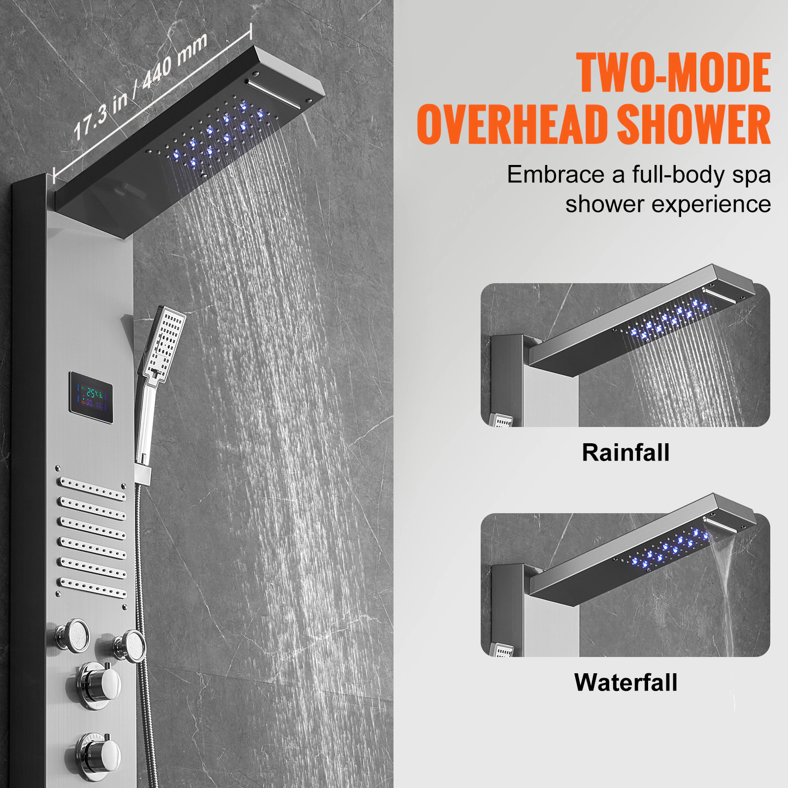 HONGGE 6-Mode LED Shower Tower Panel, Rainfall, Waterfall & 5 Massage Jets