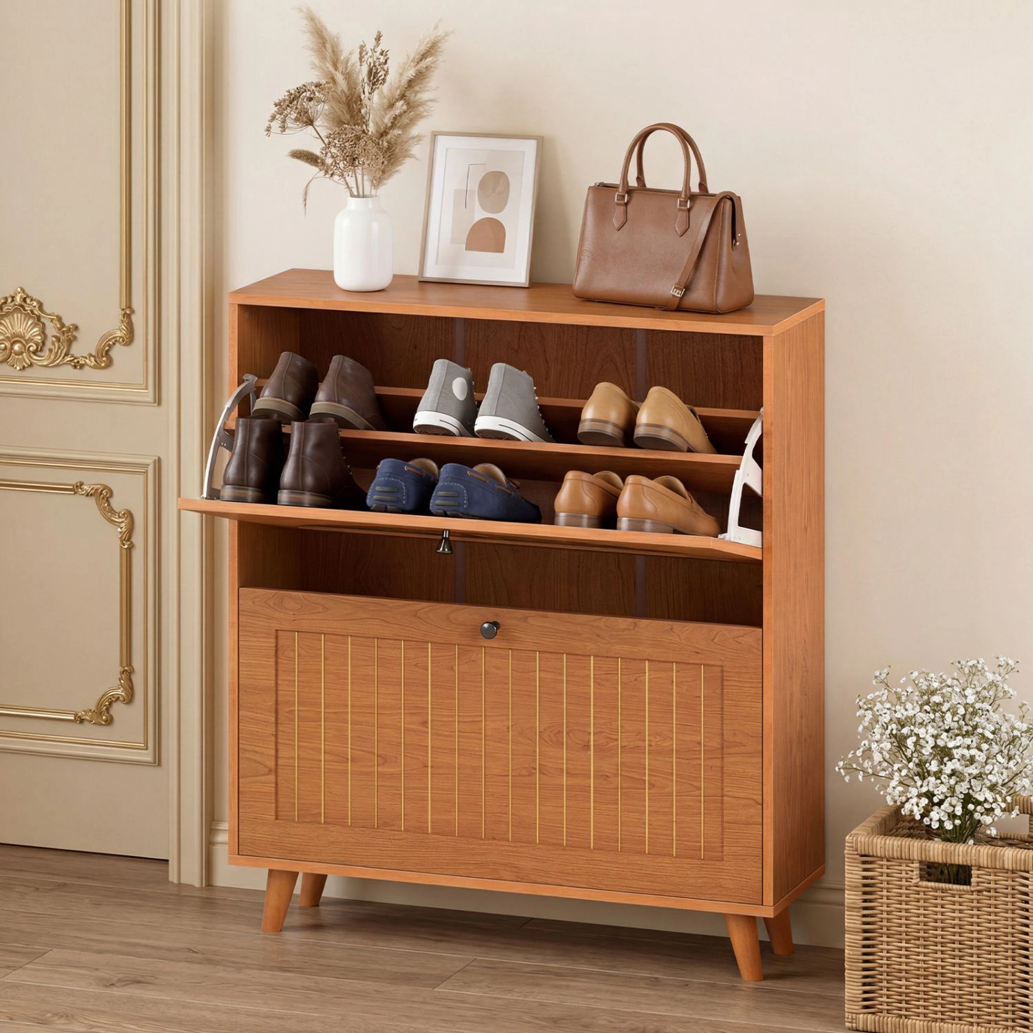SlickBlue Entryway Shoe Organizer with 2 Flip Drawers and Storage