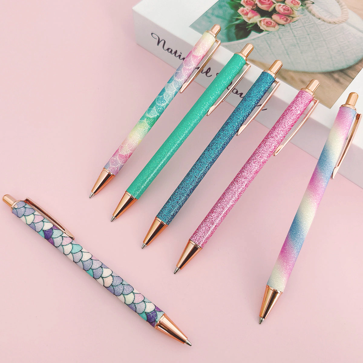 Wrapables Glitter Ballpoint Pens for Women, 1.0mm Medium Point Retractable Metal Pens, Set of 6