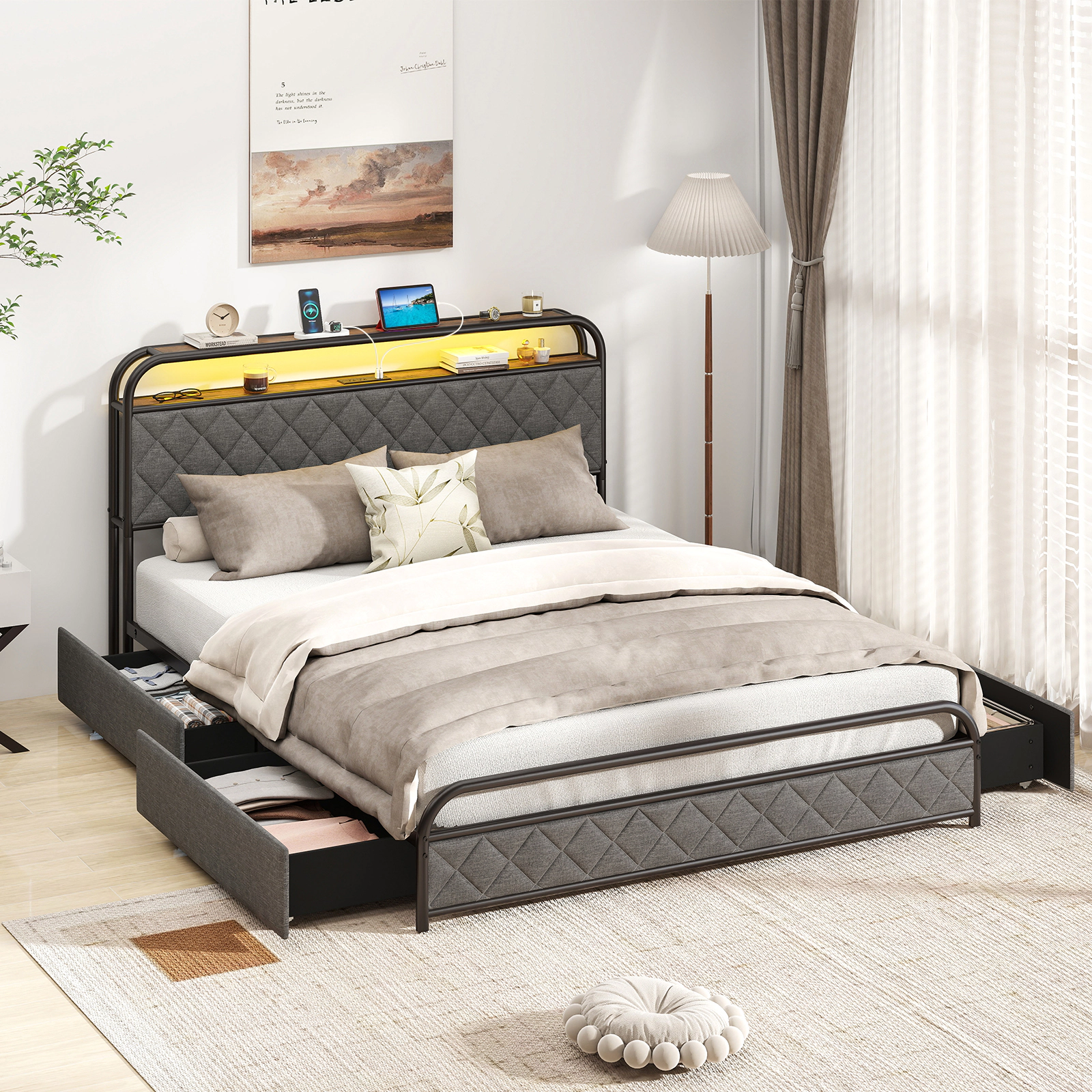 SUGIFT Queen Platform Bed Frame with LED Lights, Charging Station, 4 Storage Drawers, Bookcase Headboard, Black