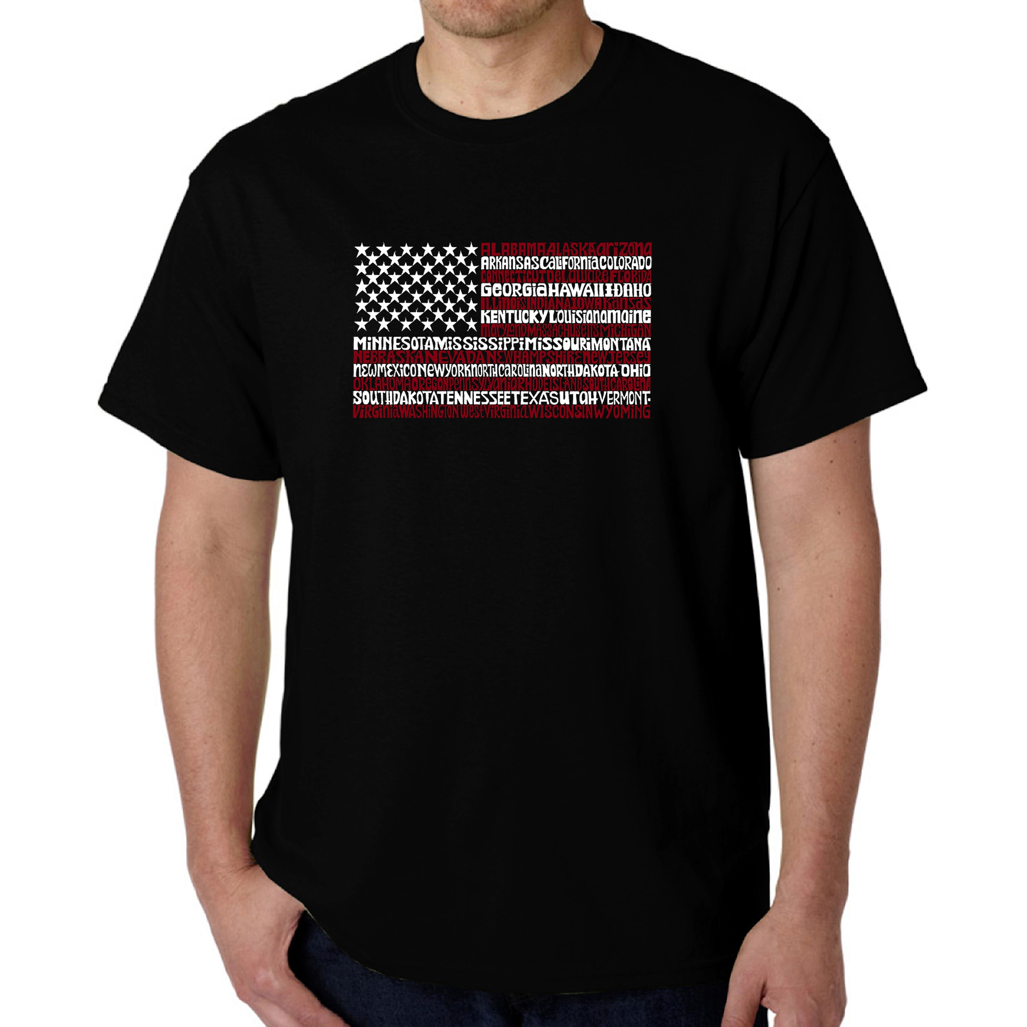 LA Pop Art Men's 50 States USA Flag Word T-Shirt, Short Sleeve Crew Neck
