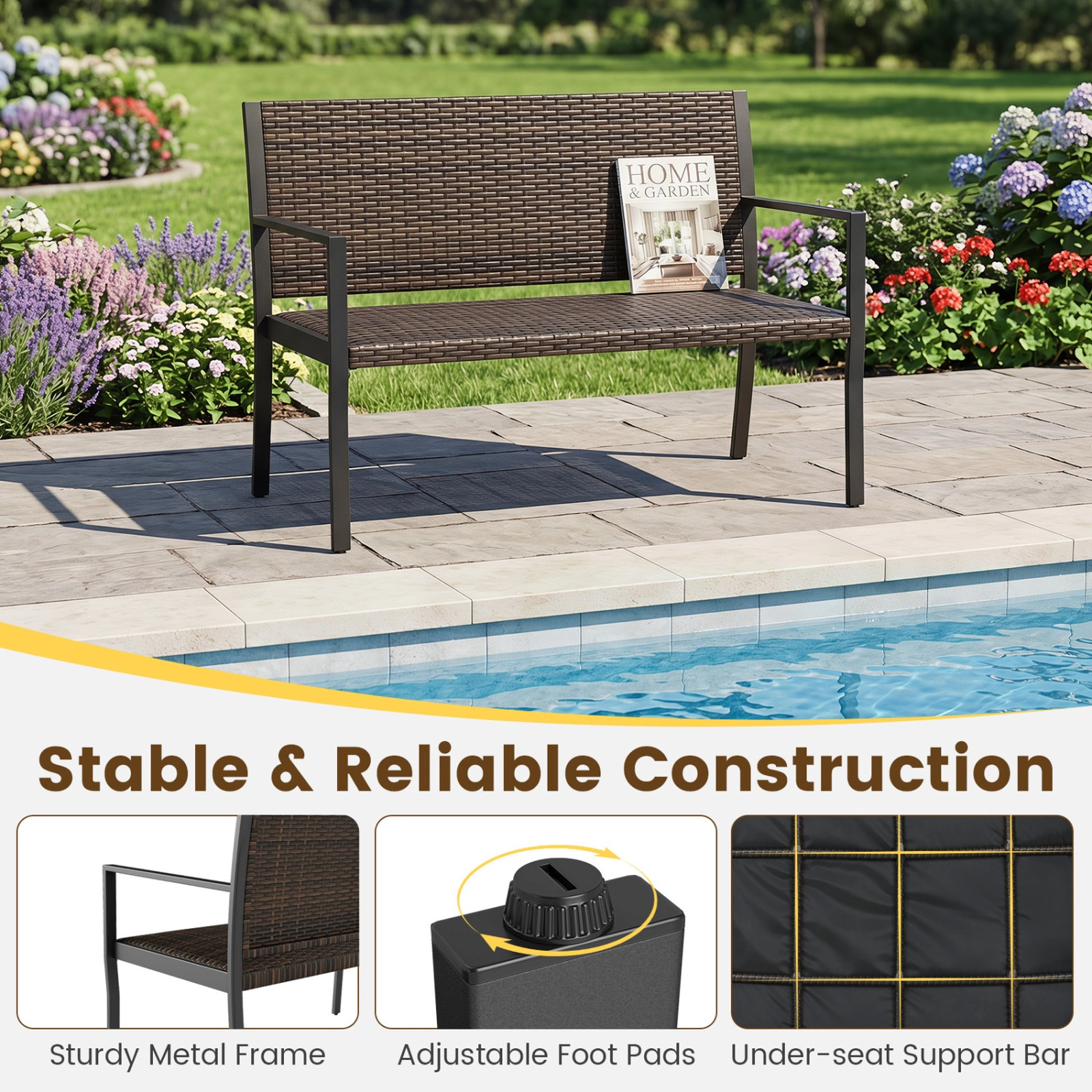 SUGIFT Brown Sponge Padded Seat 800-lb Patio Sun-Proof Rattan Loveseat