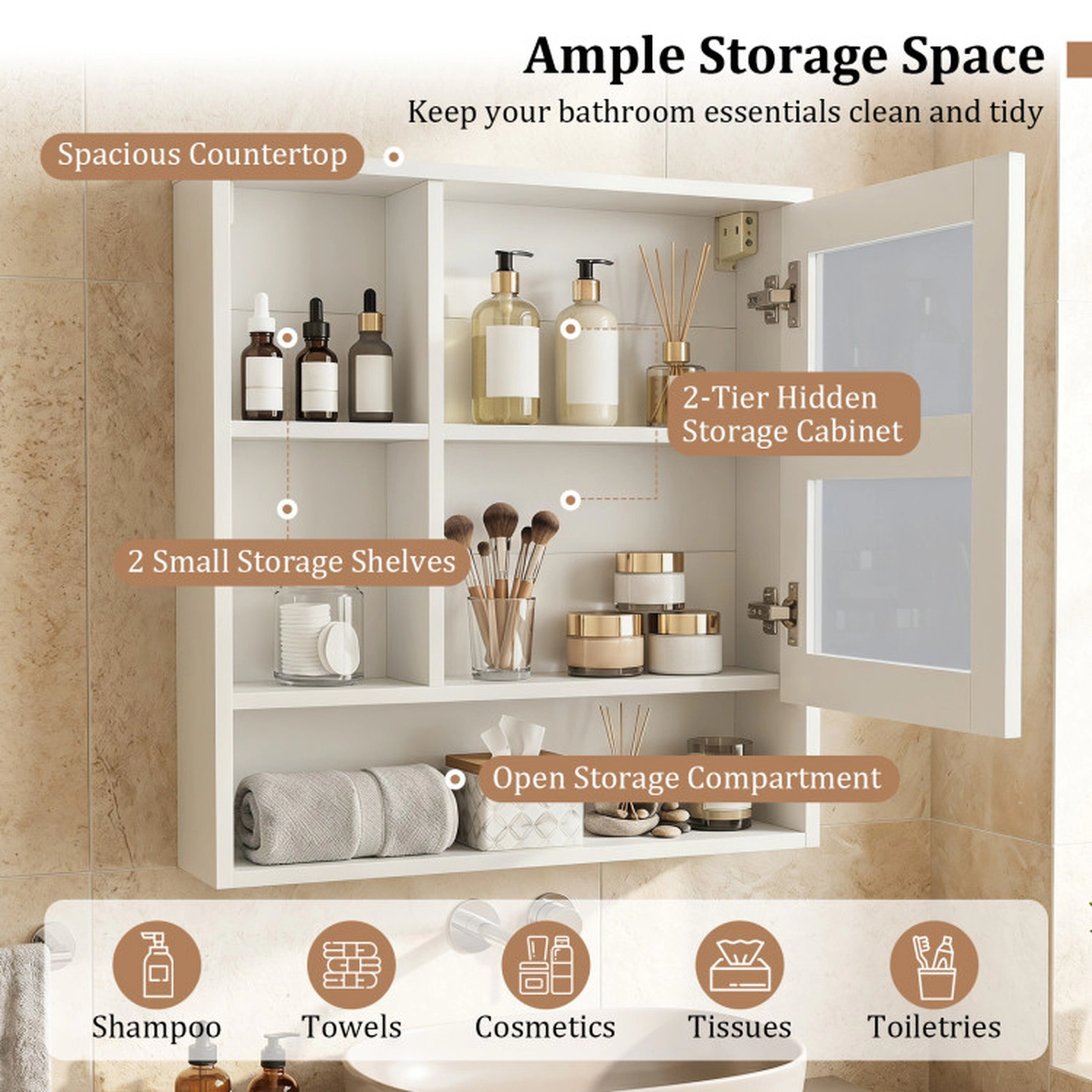 SUGIFT Wall-Mounted Engineered Wood Mirror Cabinet with Hidden and Open Storage 22-lb Countertop Capacity White