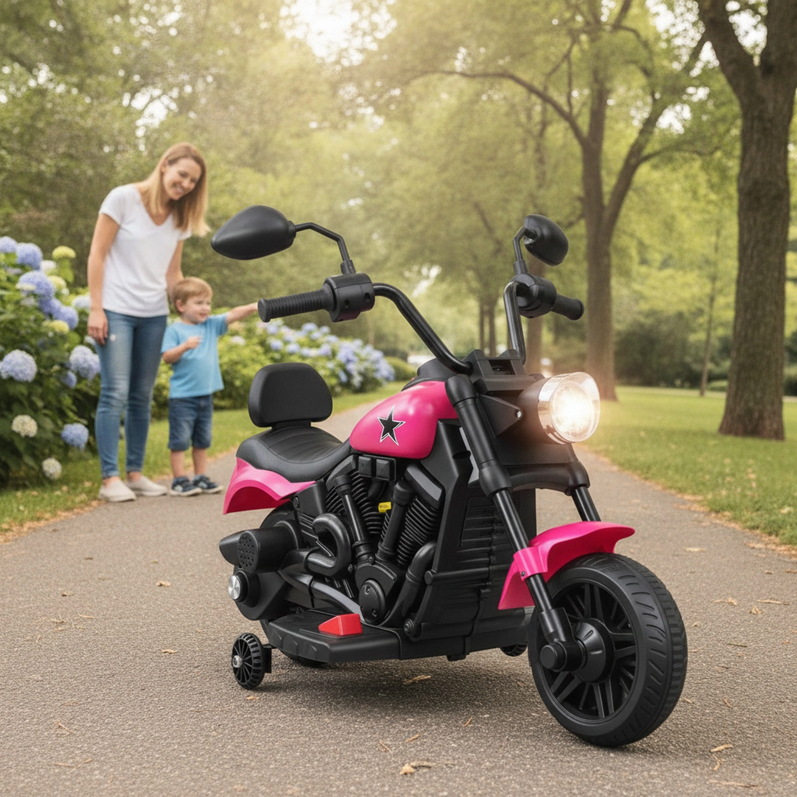 6V Kids Motorcycle Trike Swiveling Front Detachable Training Wheels Backrest Seat and Bright Headlight 18 Months+ Pink