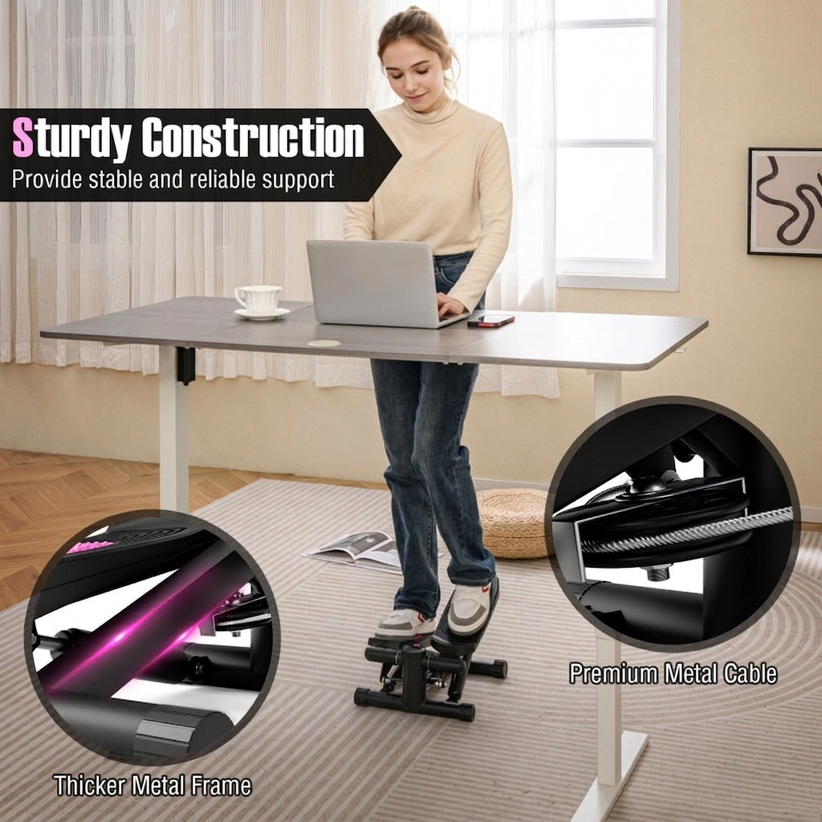 SUGIFT Mini Stepper with Resistance Bands and Adjustable Height Ab Machine 220-lb Capacity Black/White
