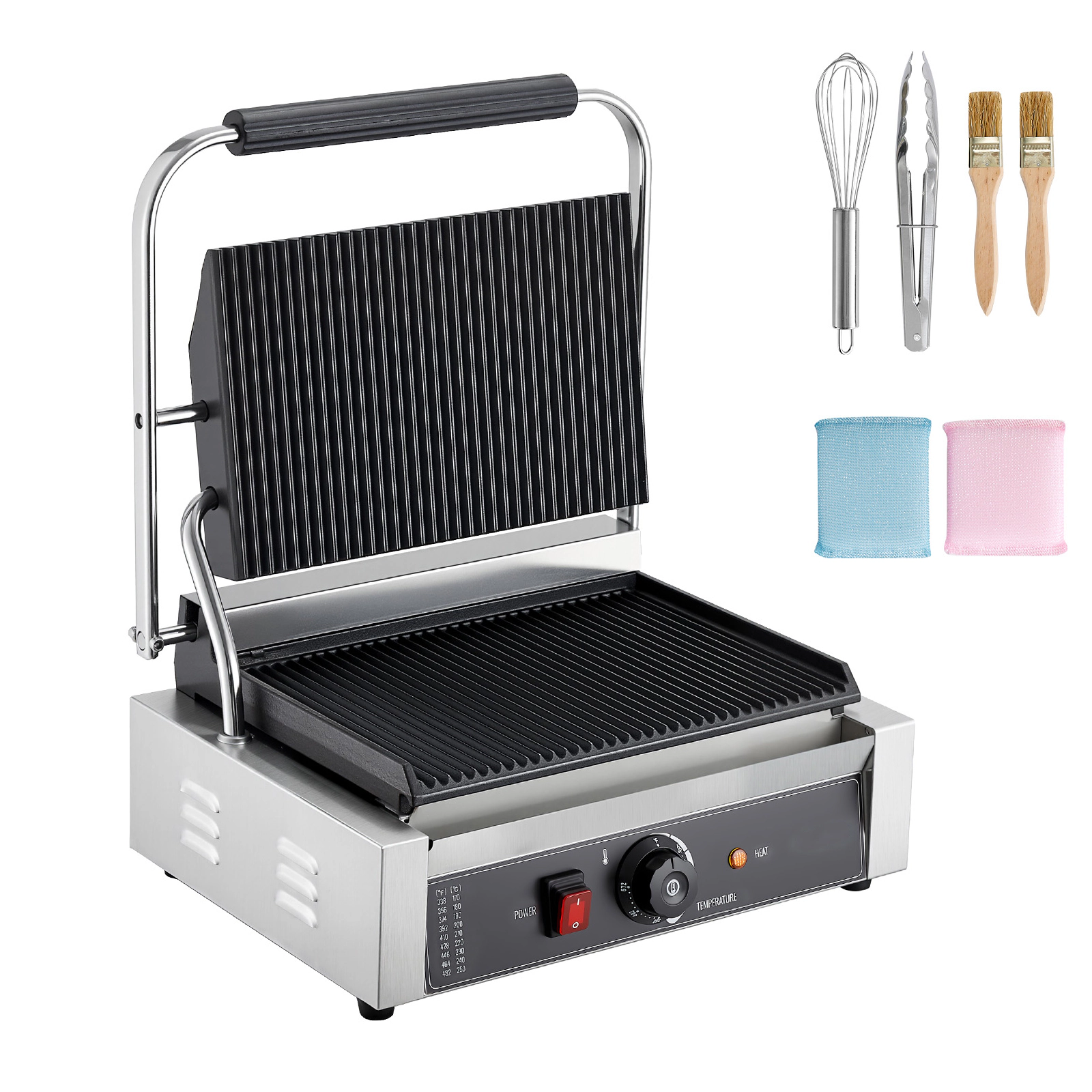HONGGE Commercial Panini Grill 1800W Electric Sandwich Panini Maker Stainless Steel Sandwichs Press with Handle and