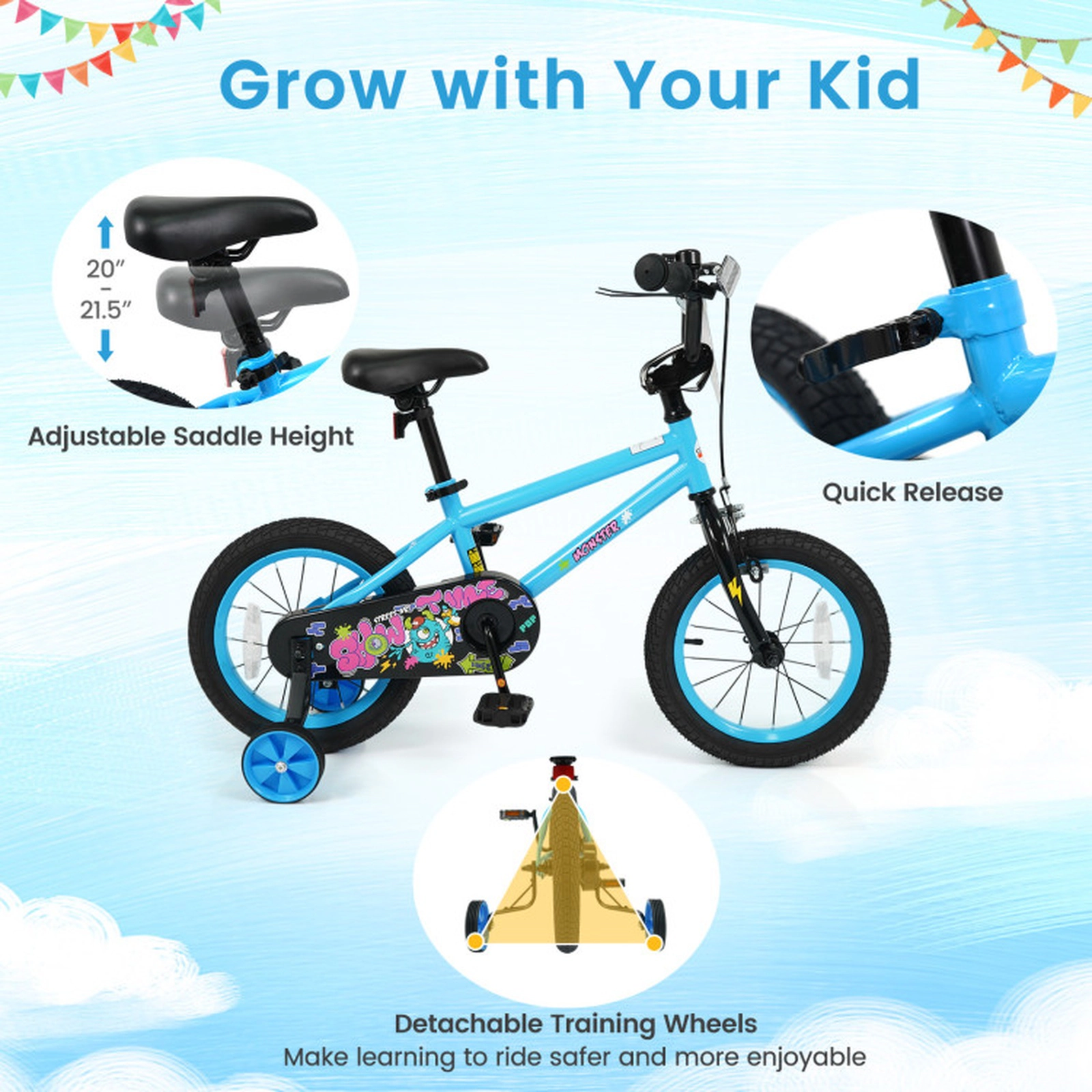 SUGIFT Blue Training Wheels Number Plate and Adjustable Seat Kids Bike