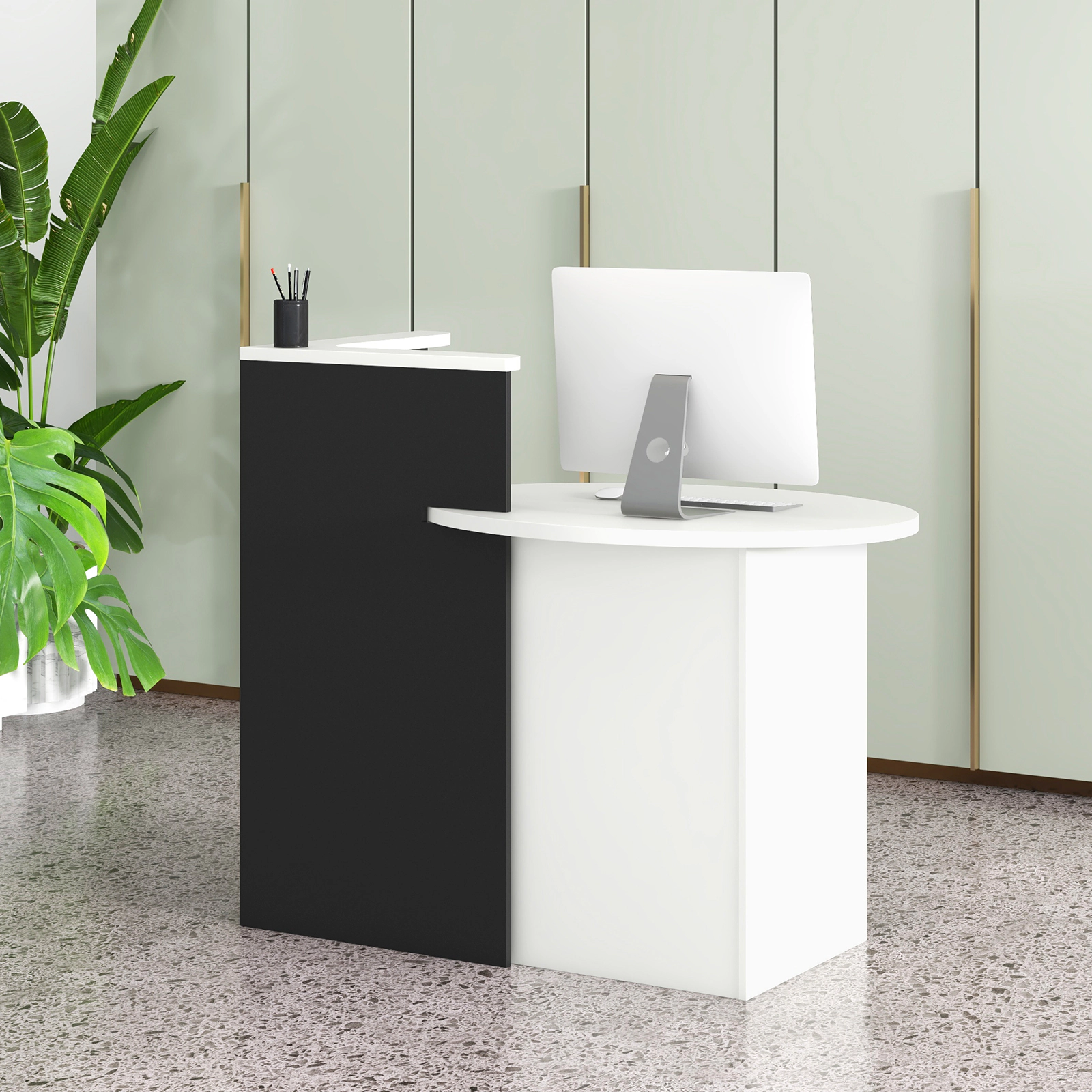 SUGIFT 48-Inch Rustic Brown and White Reception Desk with Lockable Drawer and Open Shelving