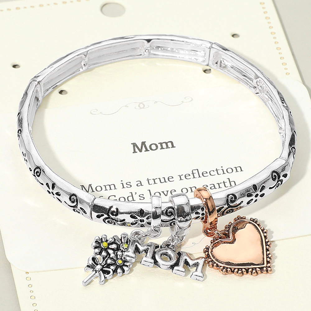 Fashnzfab Mom Message Heart Flower Charm Stretch Bracelet
